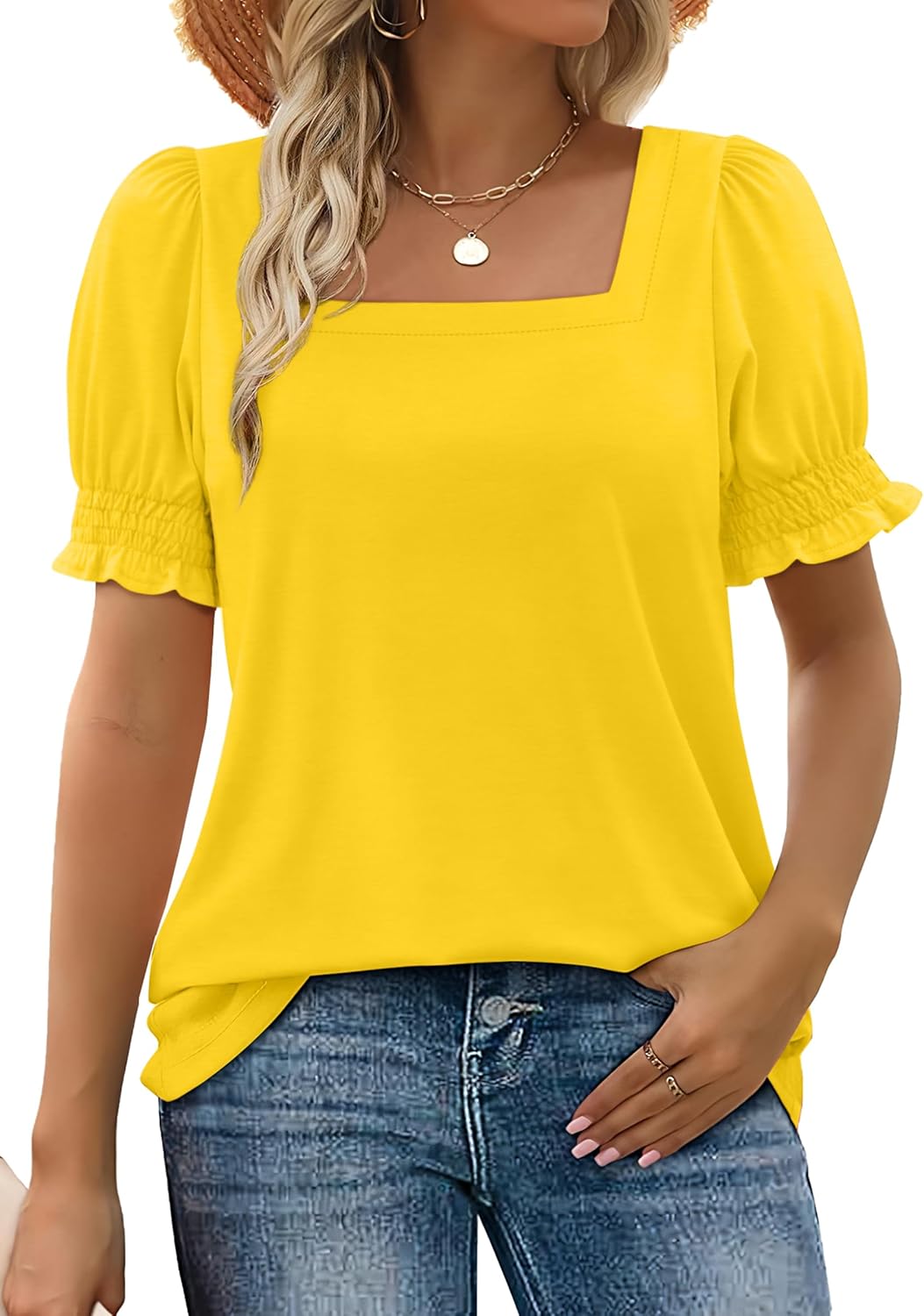 Limited time sale🔥Women's Square Neck Smocked Sleeve T-Shirt Casual Top