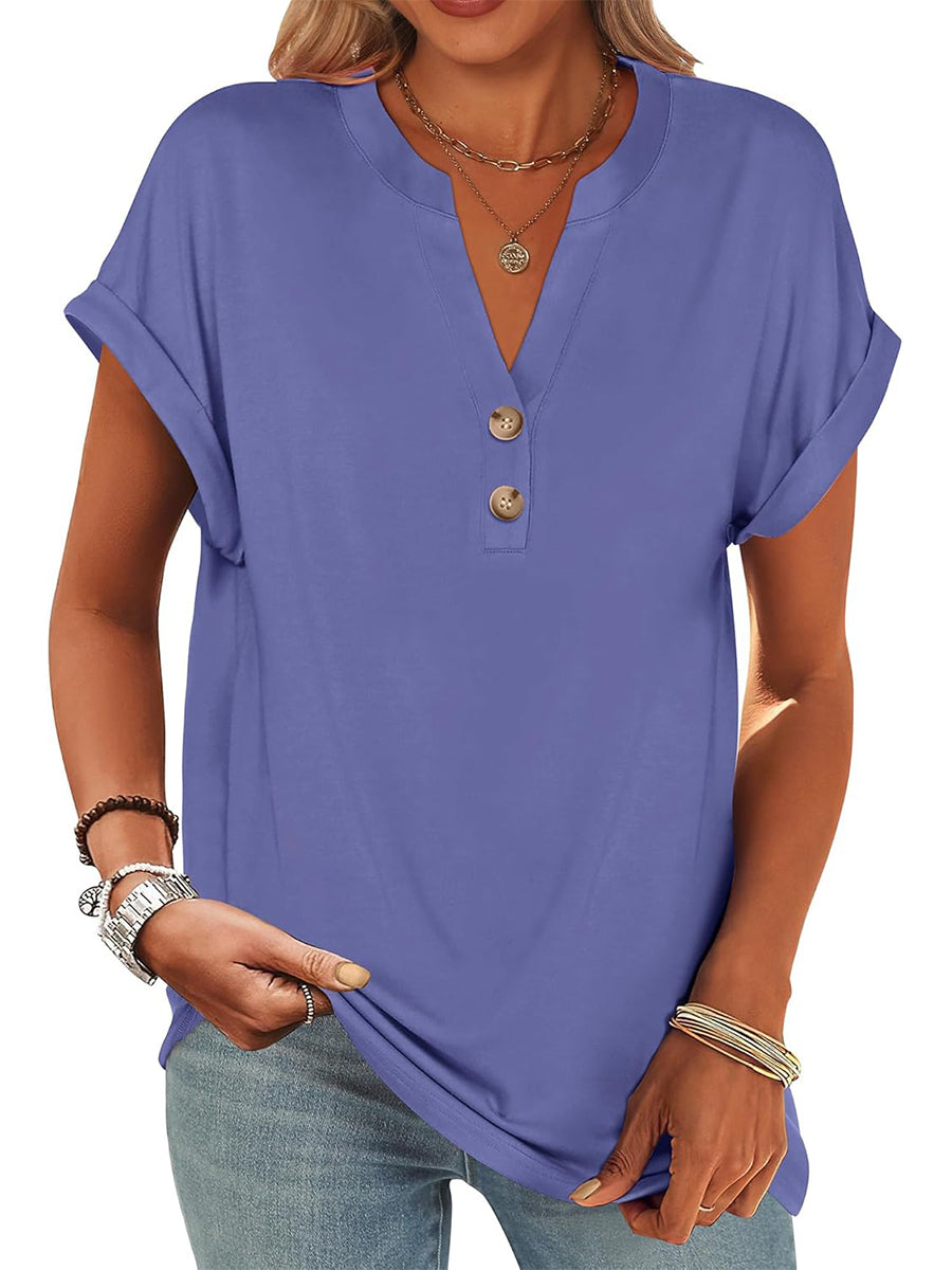 Limited time sale🔥Women's V Neck Button Casual Loose Fit Short Sleeve Henley Tops