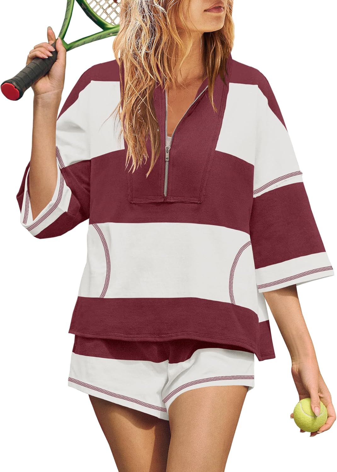 Limited time sale🔥Women's Quarter Zip Color Block Top & Shorts Matching Set