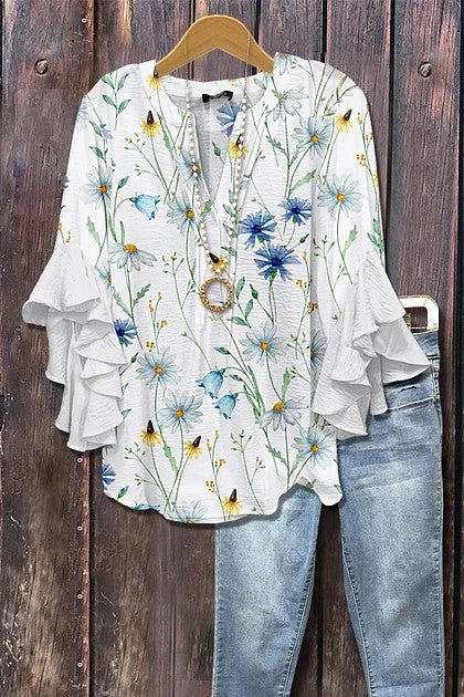 Women's Mixed Floral Print Ruffle Bell Sleeve Top