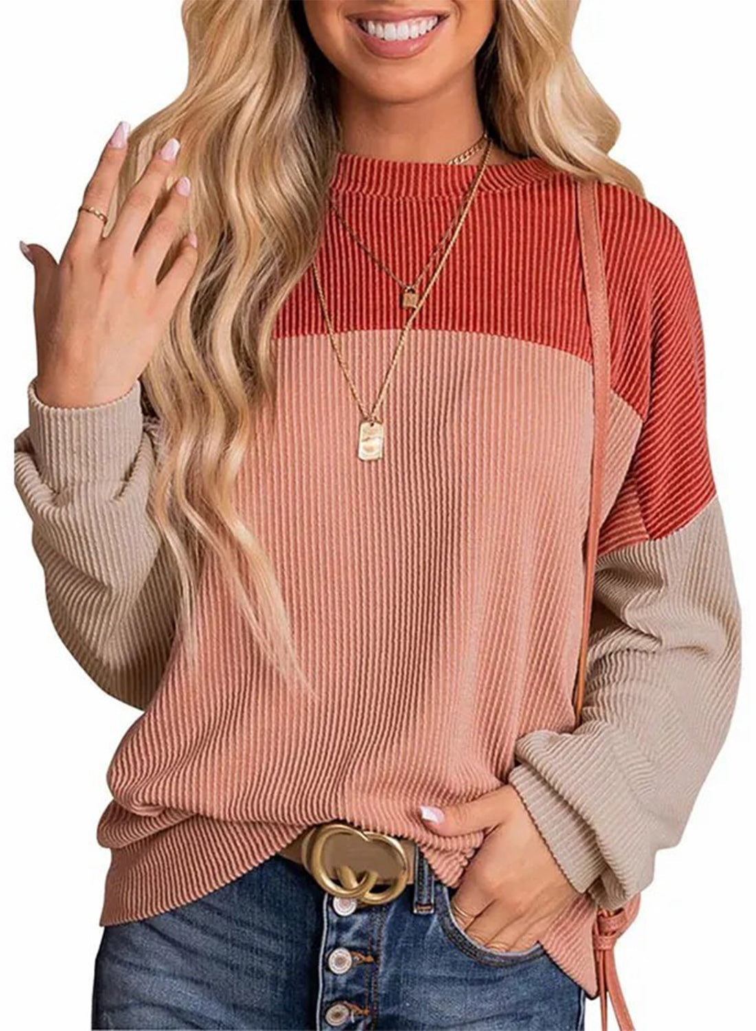 Limited time sale 🔥Women's Ribbed Colorblock Long Sleeve Top