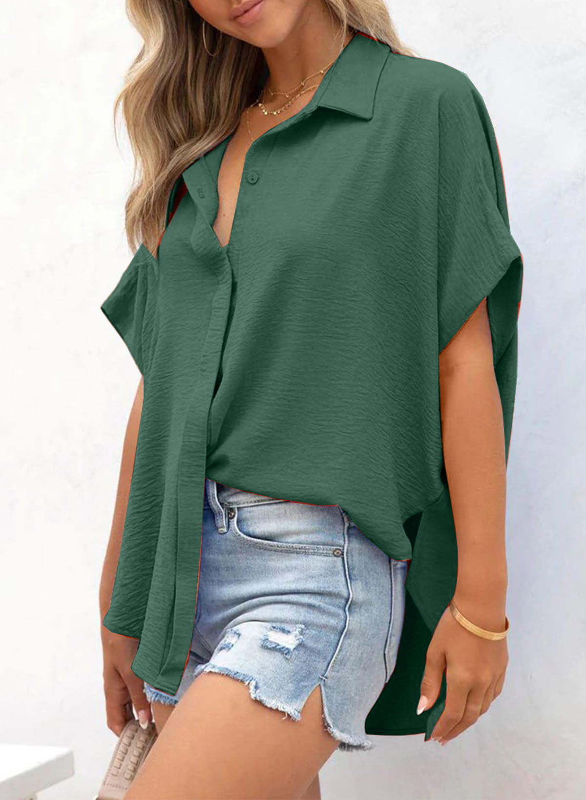 Limited time sale🔥Women's Casual Button Short Sleeve Slit Hem Shirt Solid Color Tops