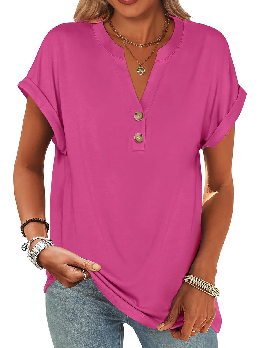 Limited time sale🔥Women's V Neck Button Casual Loose Fit Short Sleeve Henley Tops