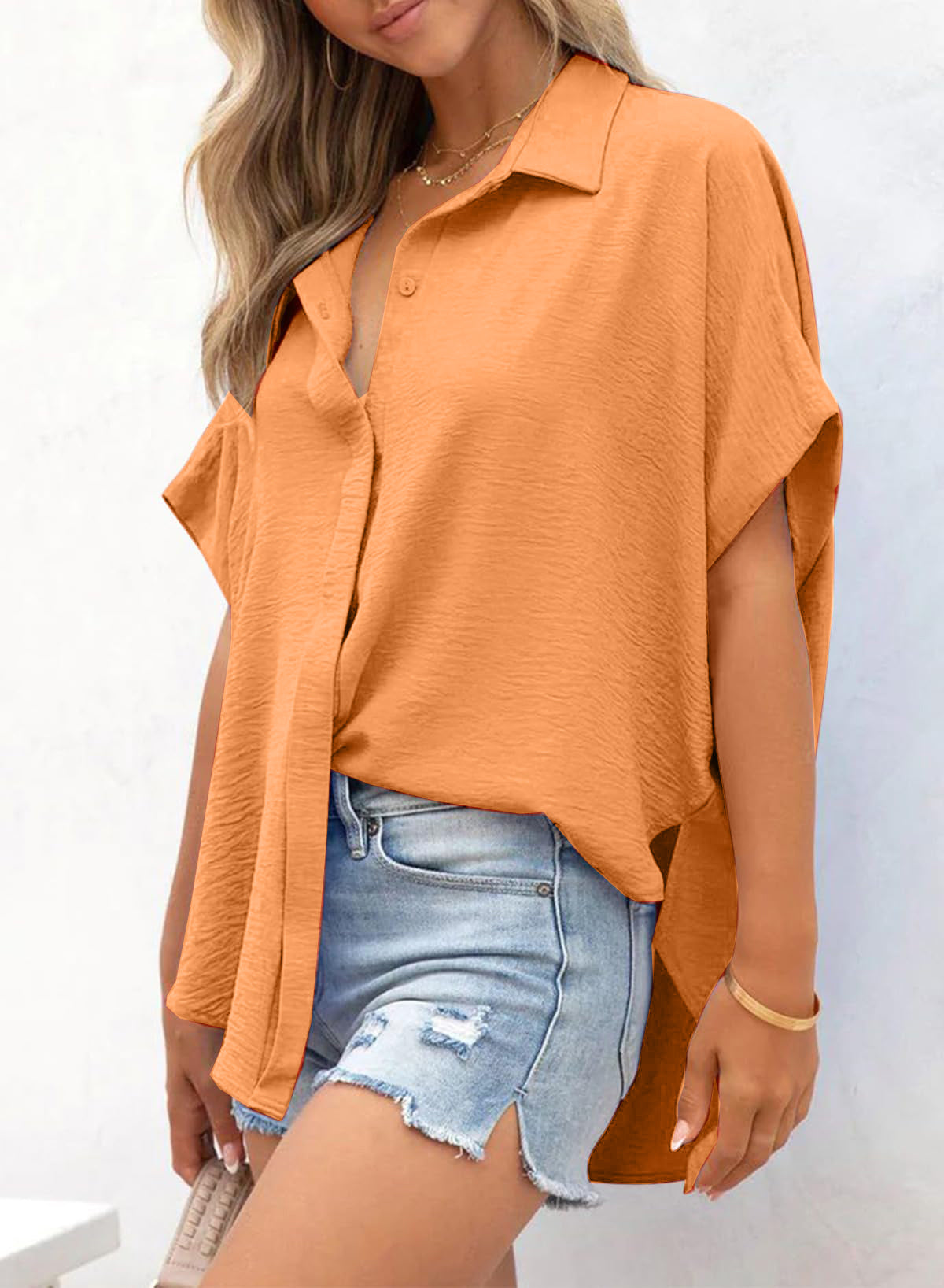 Limited time sale🔥Women's Casual Button Short Sleeve Slit Hem Shirt Solid Color Tops