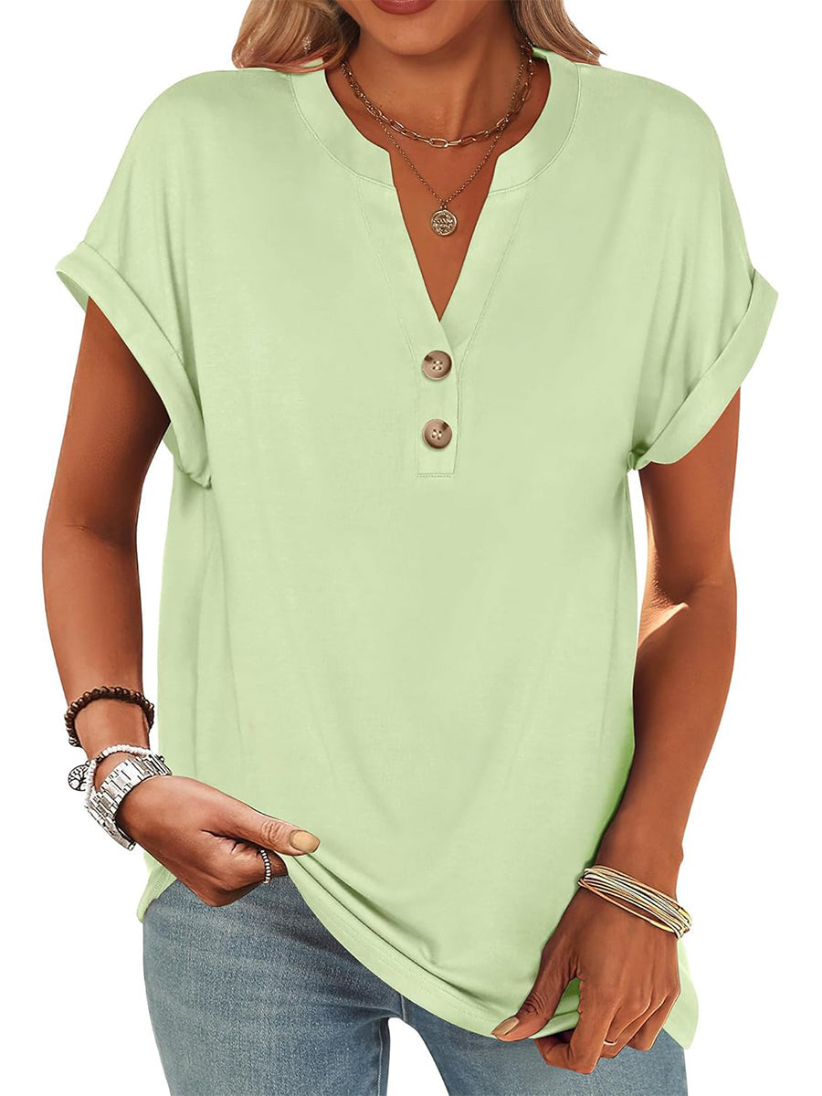 Limited time sale🔥Women's V Neck Button Casual Loose Fit Short Sleeve Henley Tops