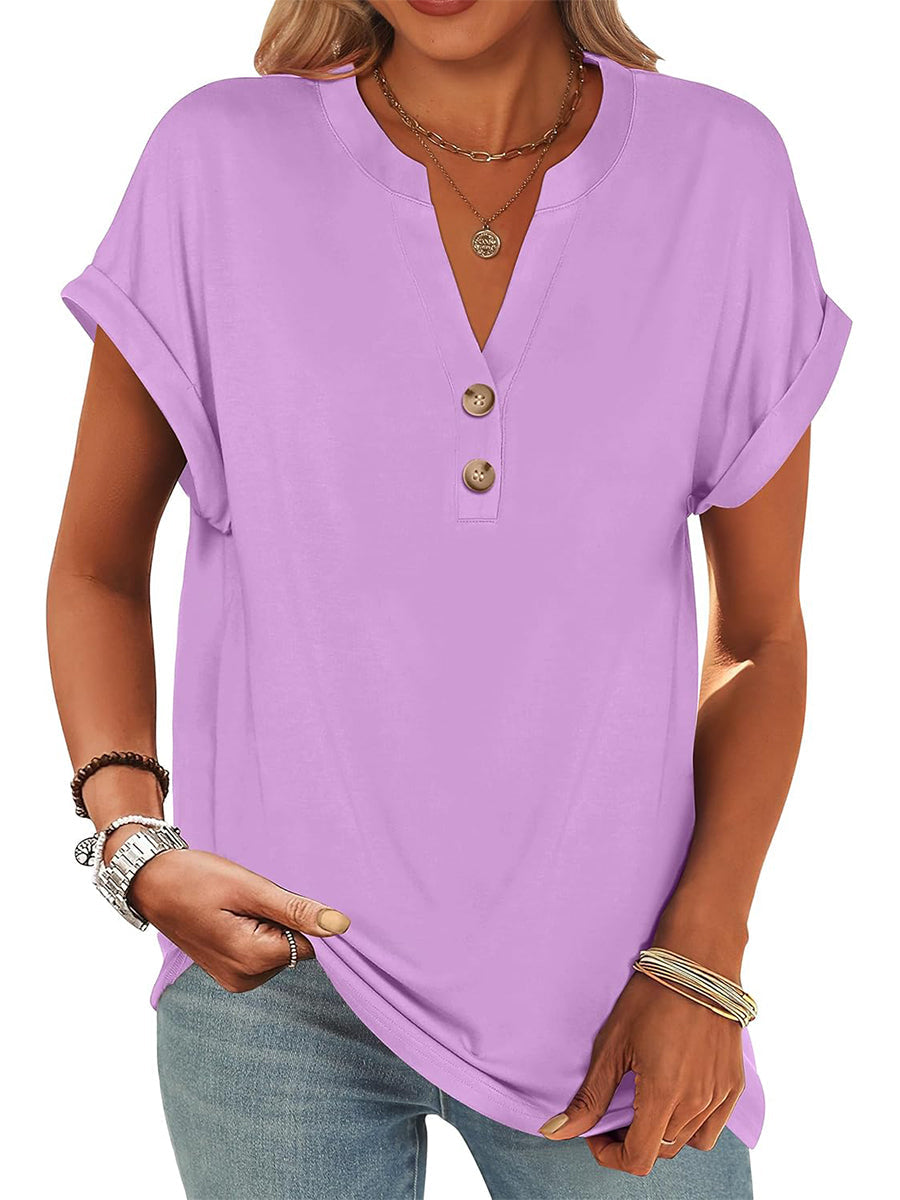 Limited time sale🔥Women's V Neck Button Casual Loose Fit Short Sleeve Henley Tops
