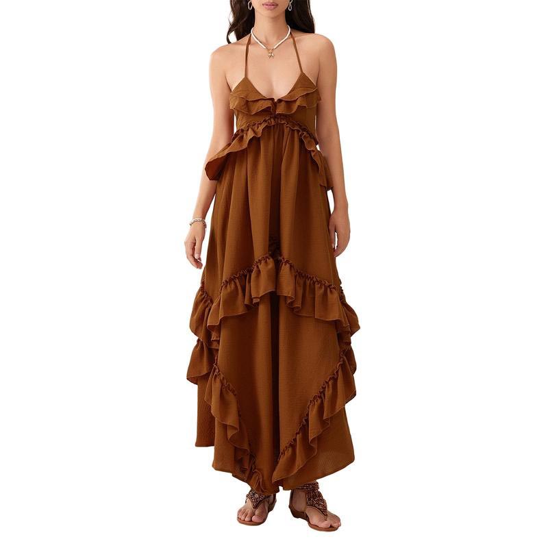 Women Sleeveless Halter Dress Backless Ruffled Summer Swing Dress