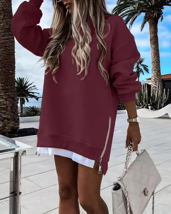 Limited time sale🔥Women’s Long Sleeve Pullover Sweatshirt Zipper Slit Casual Dress