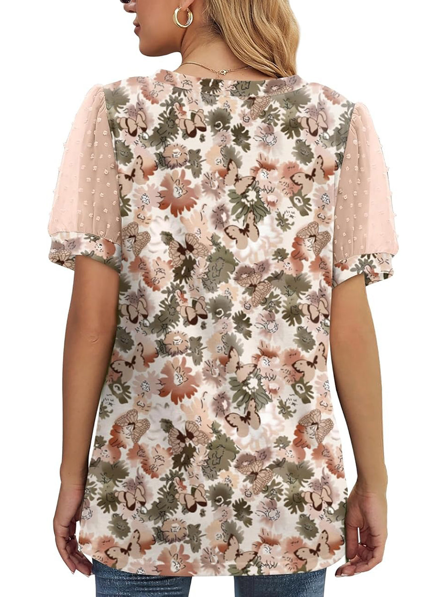 HOT SALE Women's Printed V Neck Swiss Dot Puff Sleeve Loose Casual T-Shirt