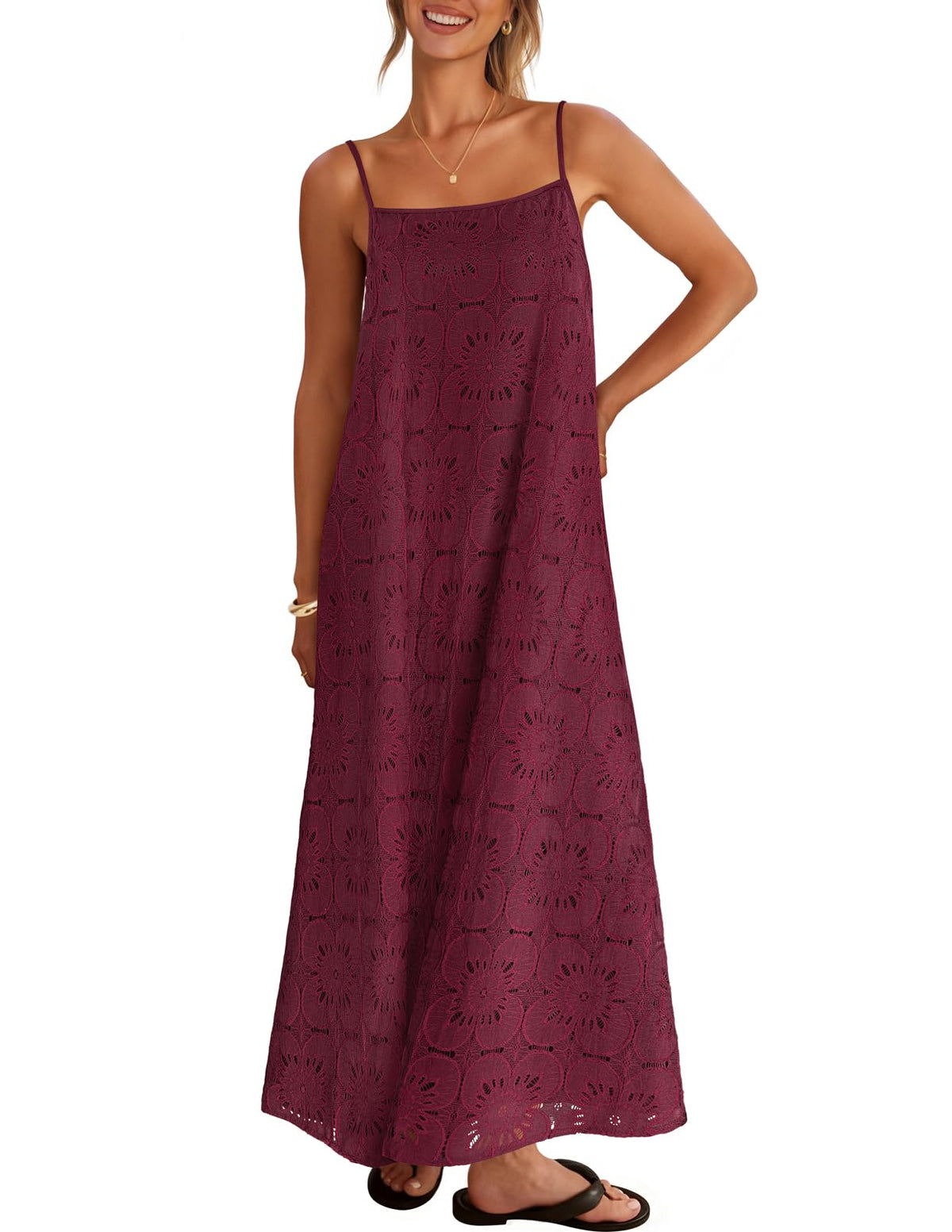 2026 Casual Sleeveless Floral Lace Eyelet Boho Beach Maxi Dress