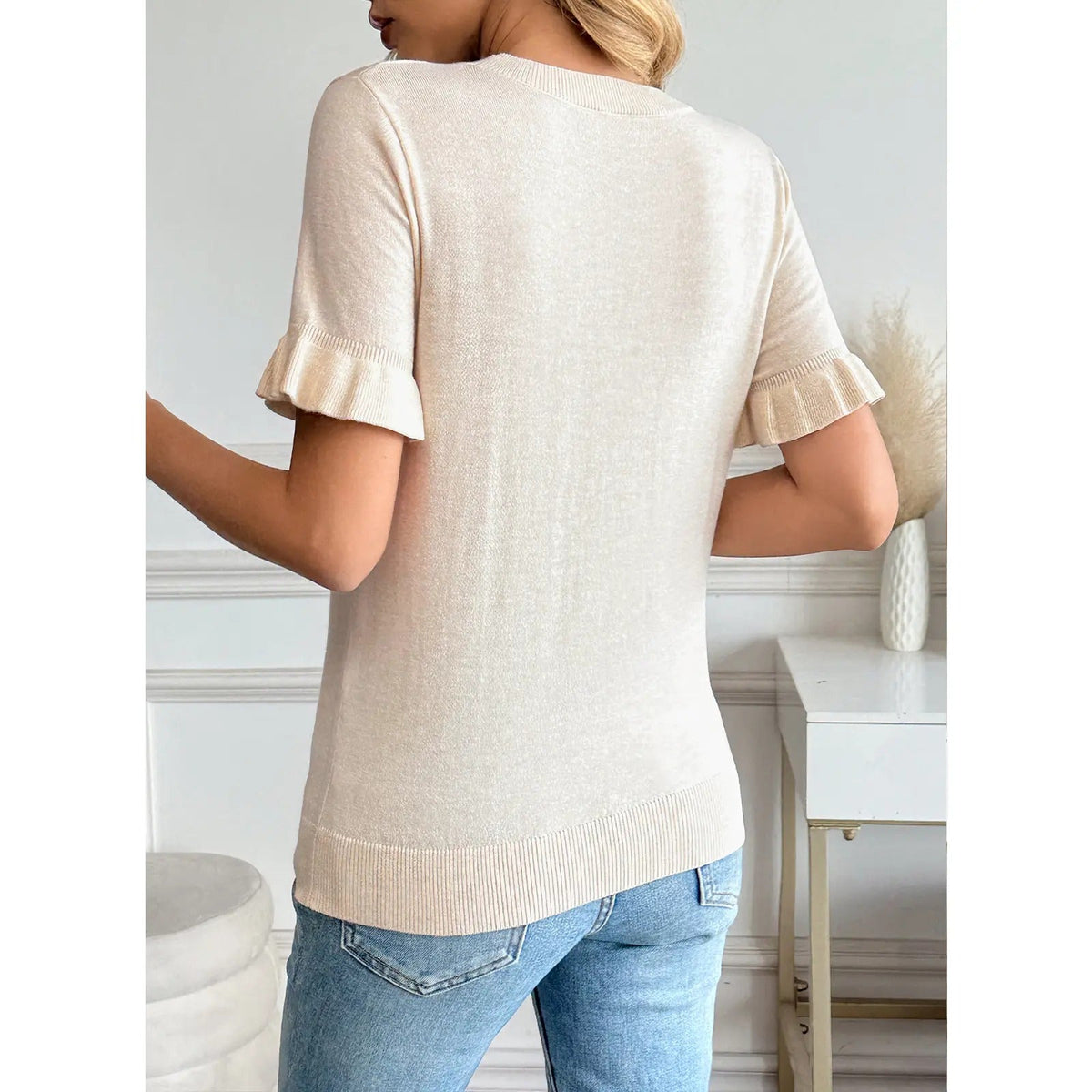Limited time sale🔥Women's Crew Neck Ruffle Short Sleeve Knit Top