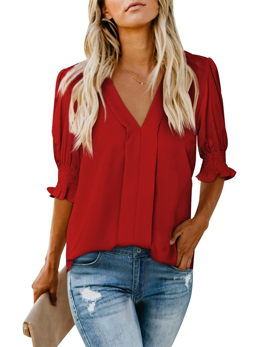 Limited time sale🔥Women's V Neck Dressy Puff Ruffle Blouse Casual Short Sleeve Tops