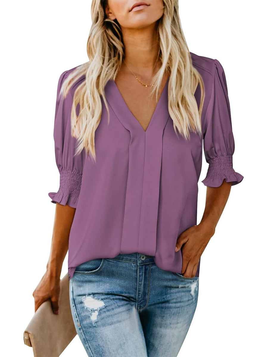Limited time sale🔥Women's V Neck Dressy Puff Ruffle Blouse Casual Short Sleeve Tops