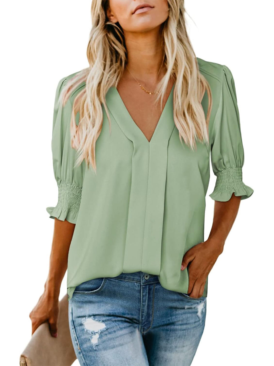Limited time sale🔥Women's V Neck Dressy Puff Ruffle Blouse Casual Short Sleeve Tops