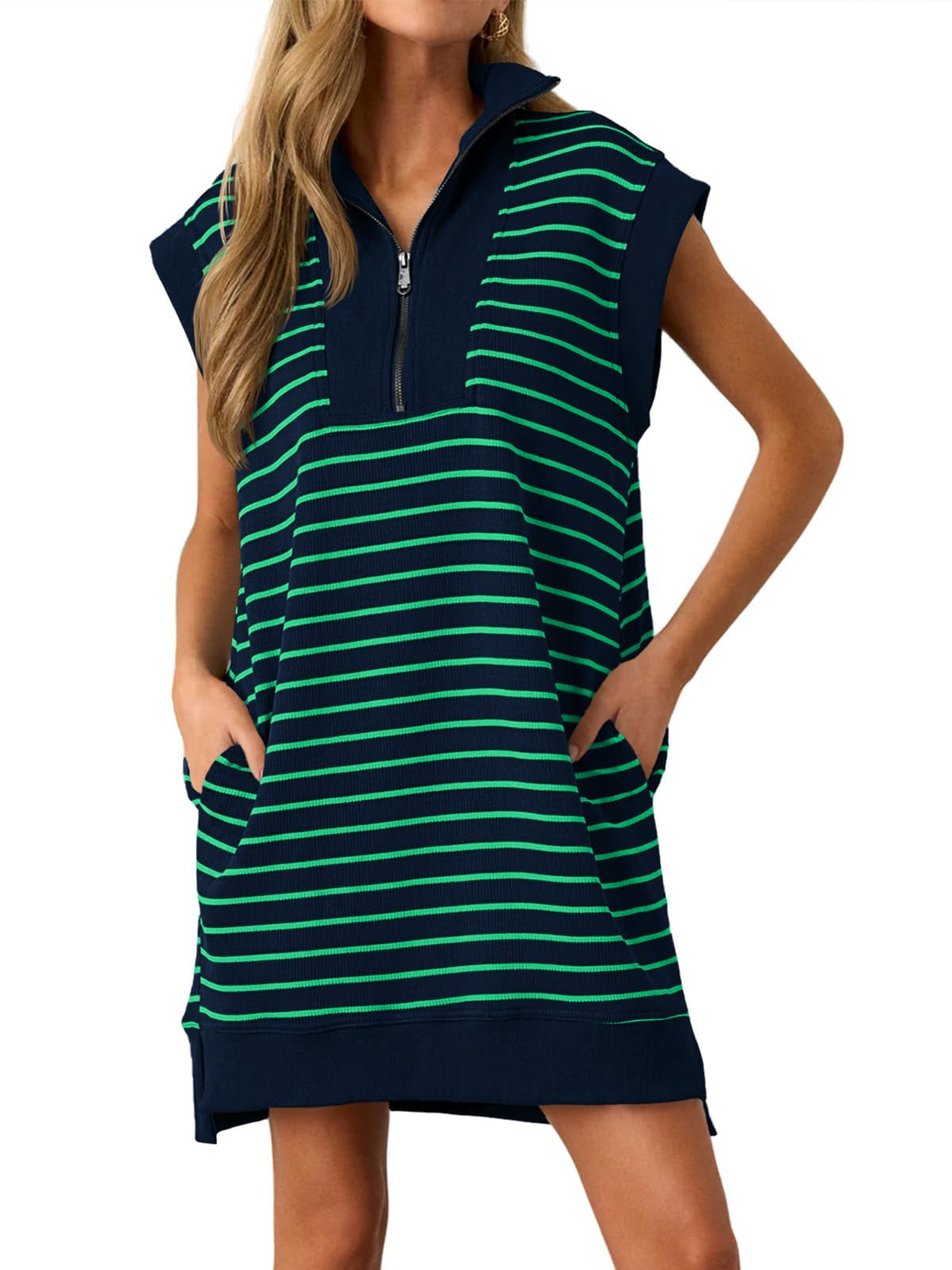 Limited time sale🔥Women's Striped Casual Zipper Cap Sleeve Mini Dress