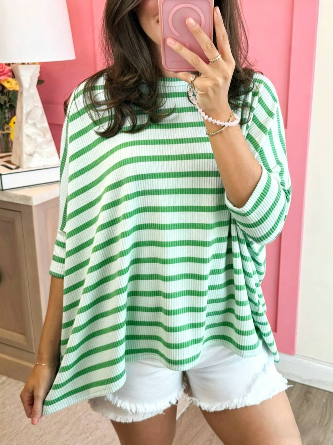 Spring Oversized Striped Raised Rib Easy Fit 3/4 Sleeve Top
