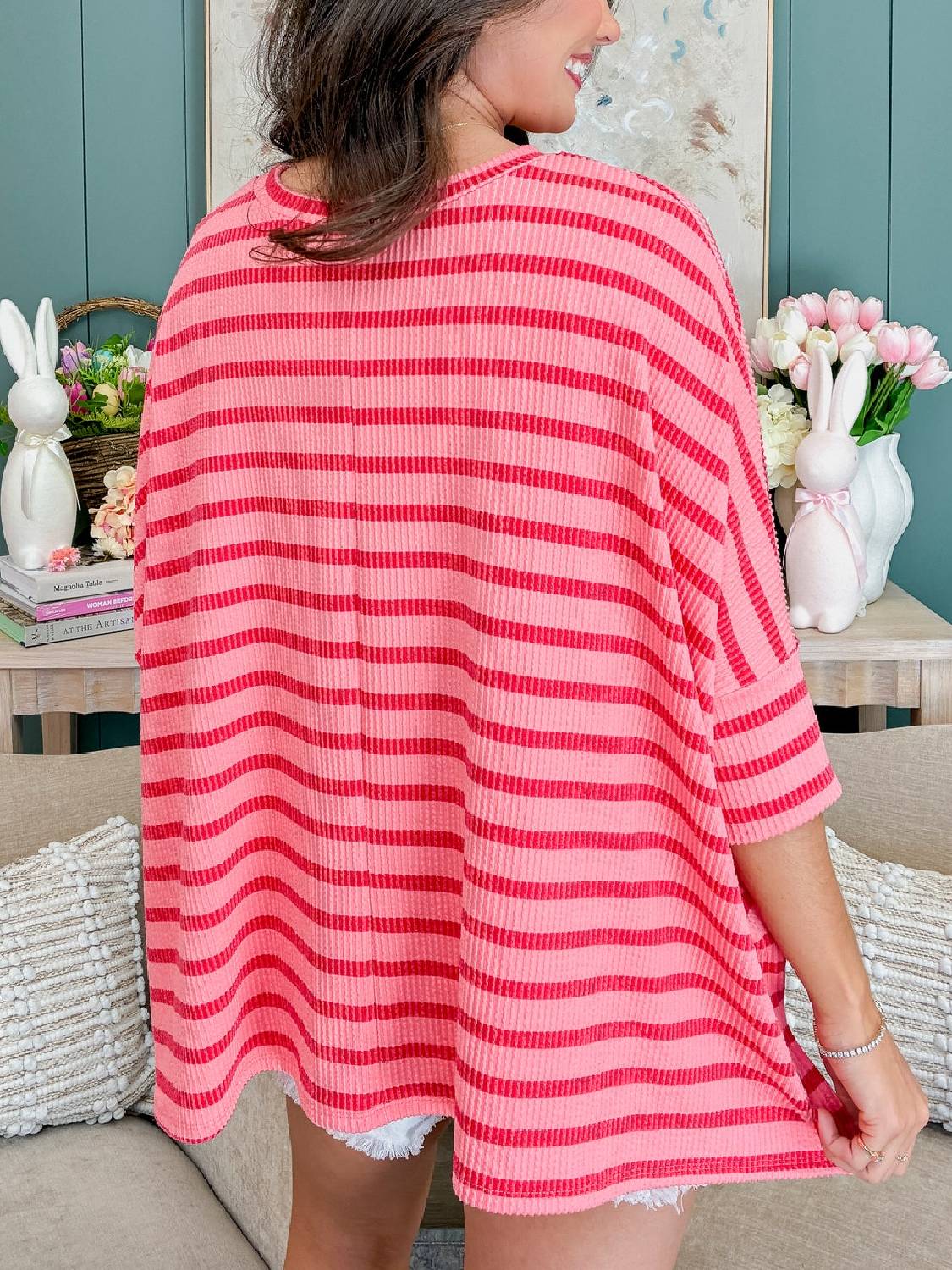 Spring Oversized Striped Raised Rib Easy Fit 3/4 Sleeve Top