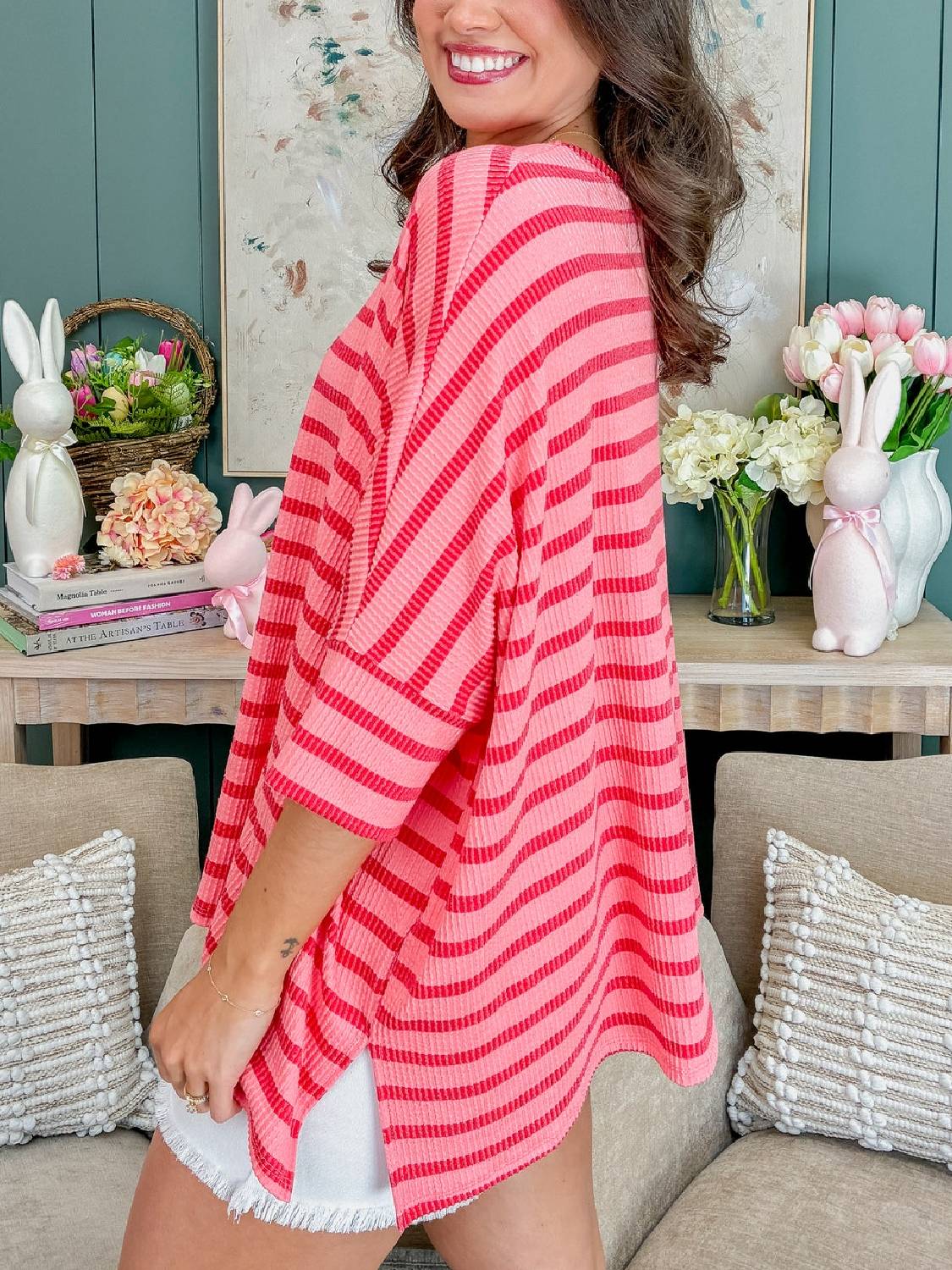 Spring Oversized Striped Raised Rib Easy Fit 3/4 Sleeve Top