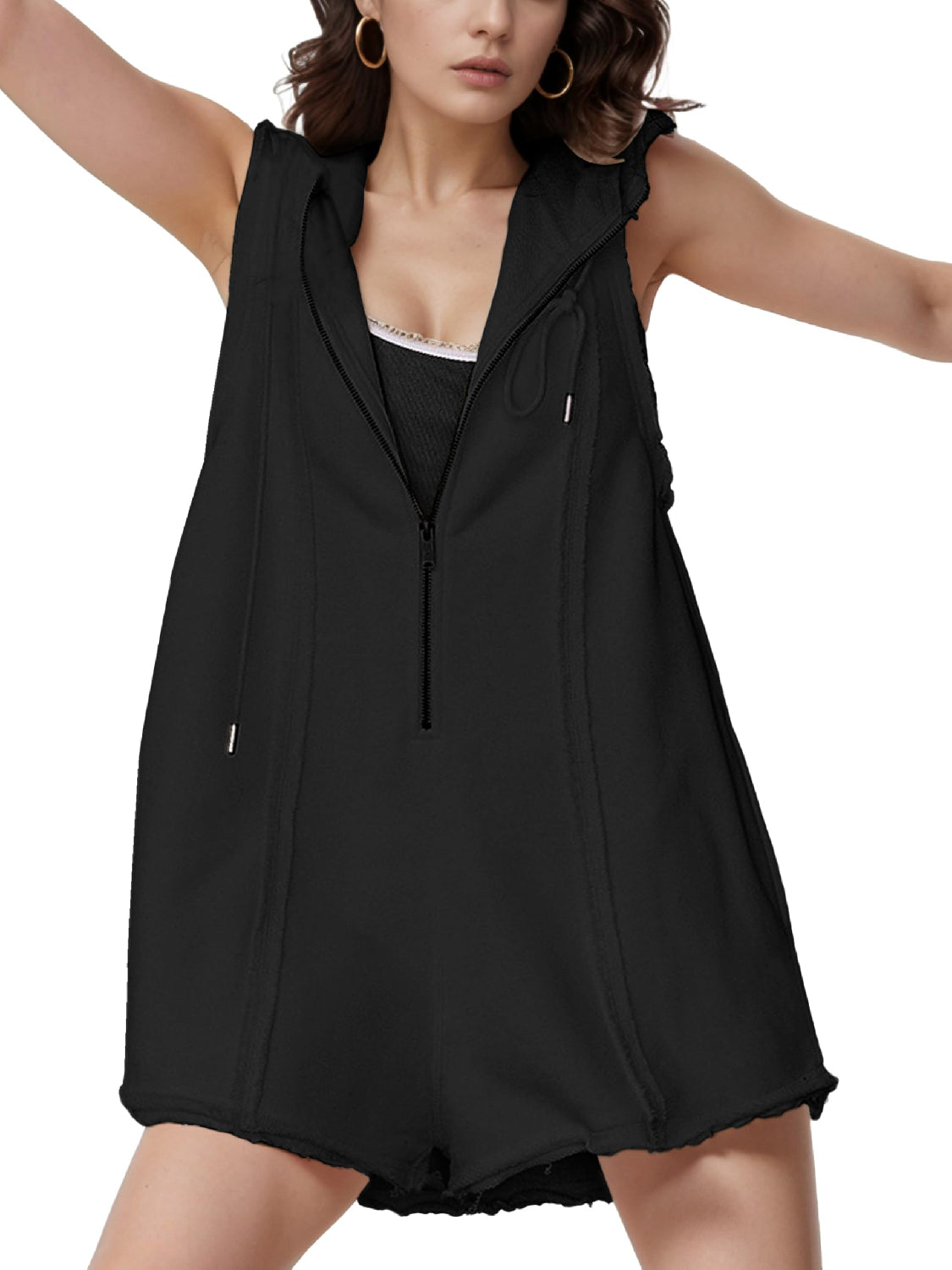Women's Half-Zip Sleeveless Sports Jumpsuit with Hood
