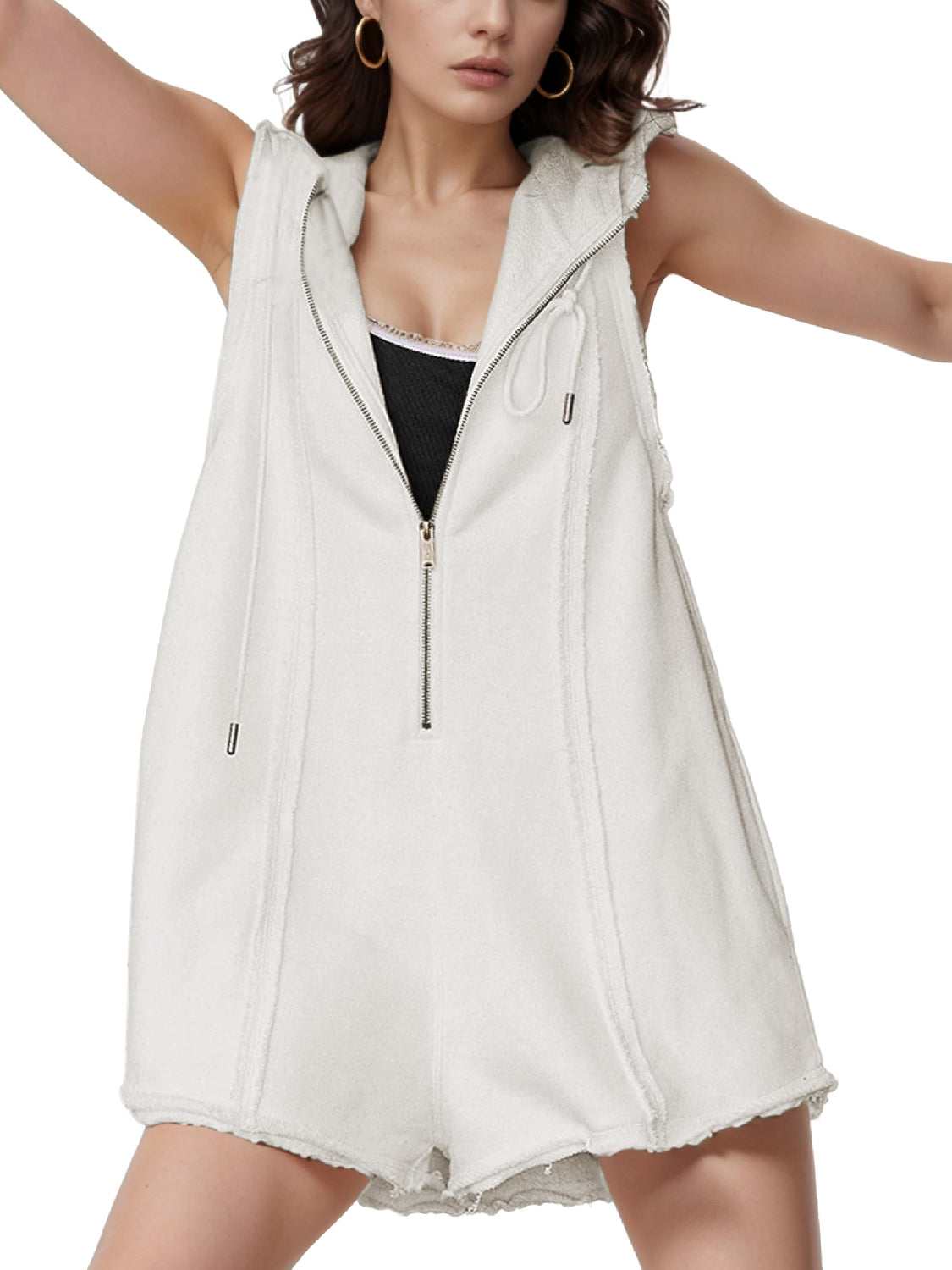 Women's Half-Zip Sleeveless Sports Jumpsuit with Hood