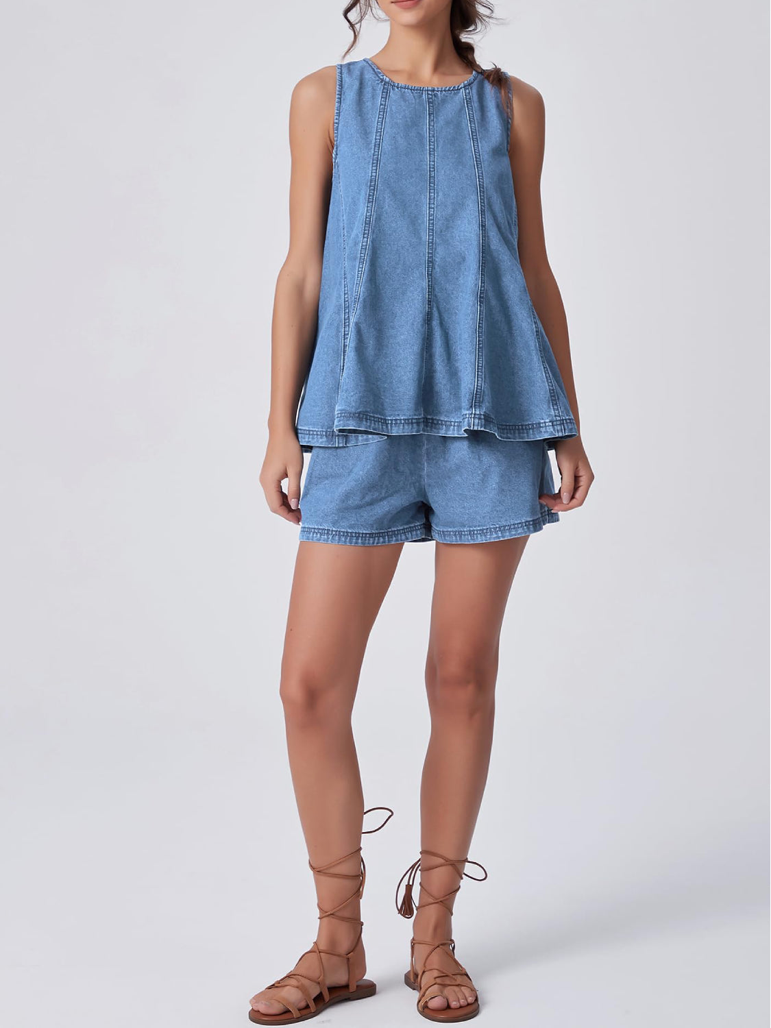 Women Sleeveless Crewneck Flared Denim Set