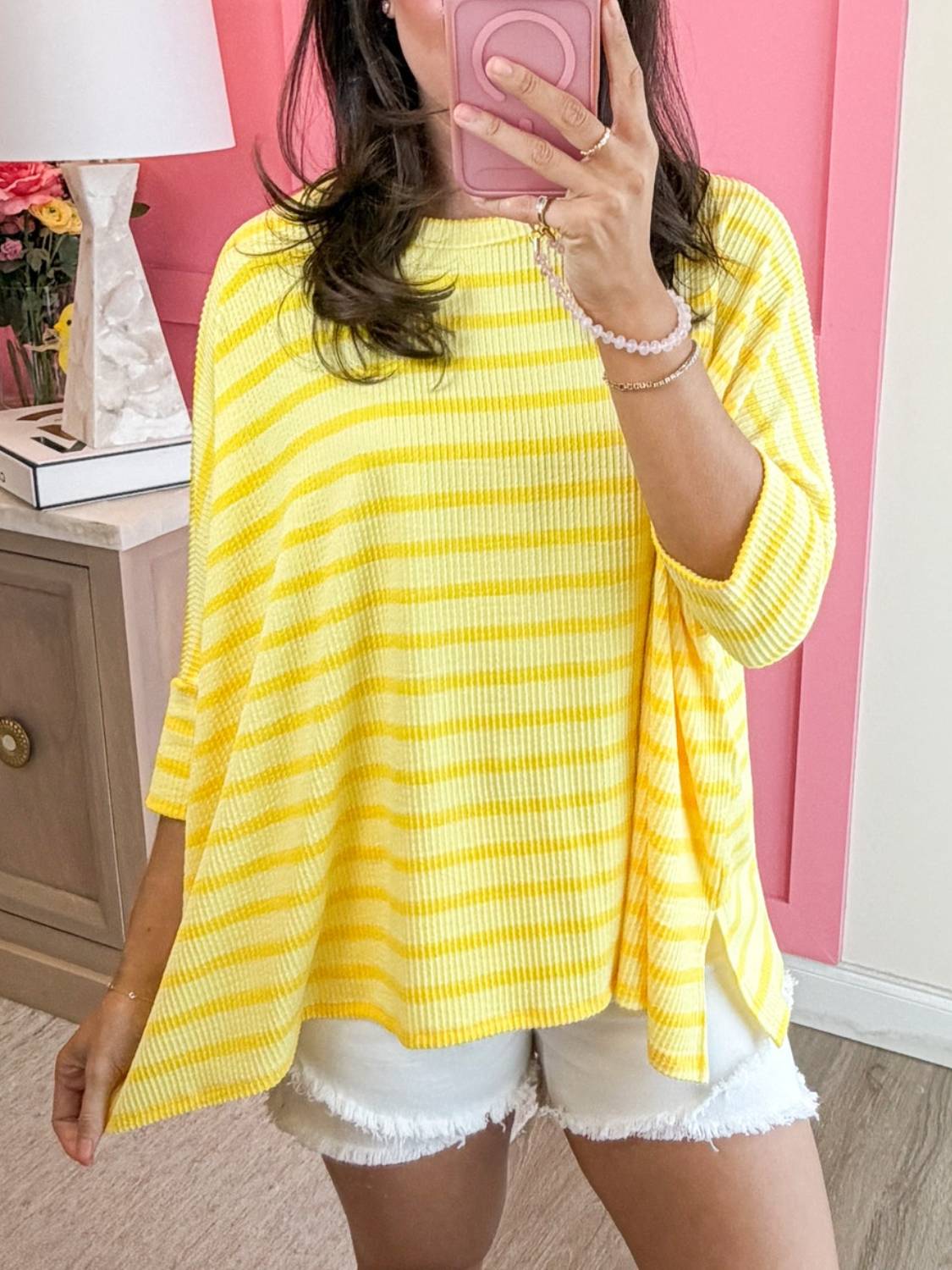 Spring Oversized Striped Raised Rib Easy Fit 3/4 Sleeve Top