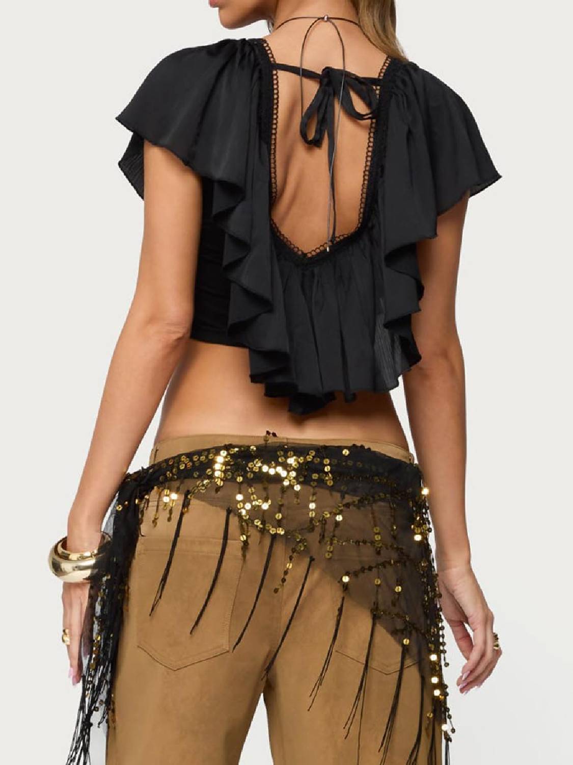 Women Ruffled V Neck Crop Top Frill Trim Tie Back