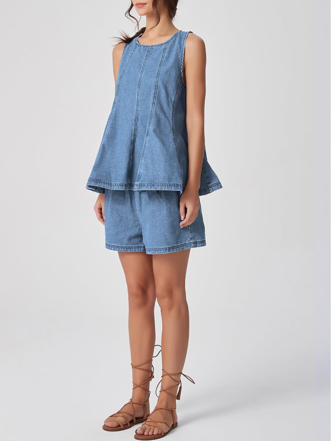 Women Sleeveless Crewneck Flared Denim Set