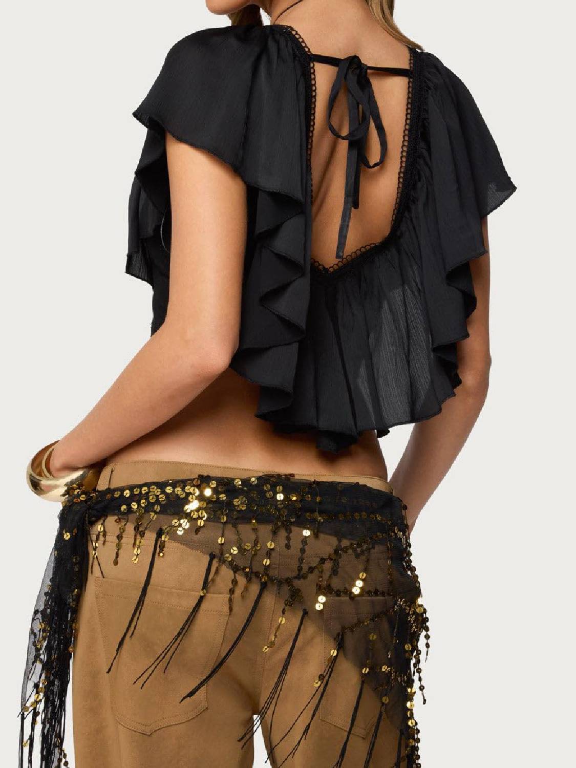 Women Ruffled V Neck Crop Top Frill Trim Tie Back