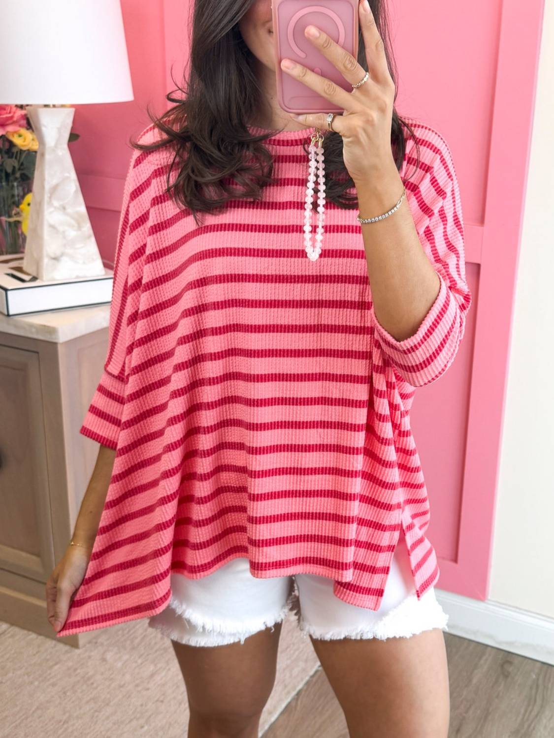 Spring Oversized Striped Raised Rib Easy Fit 3/4 Sleeve Top