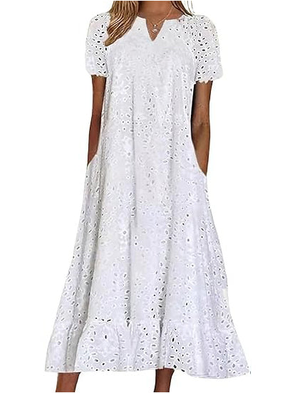 Women's Eyelet Lace Notch Neck Midi Dress with Pockets