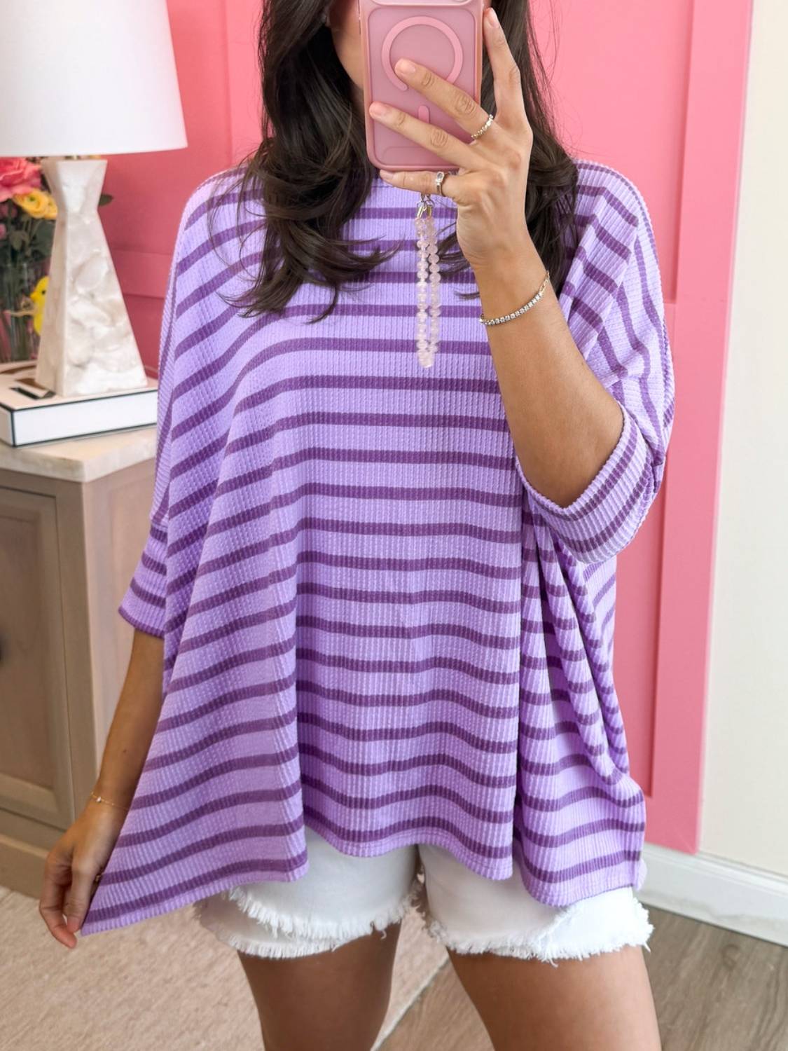 Spring Oversized Striped Raised Rib Easy Fit 3/4 Sleeve Top