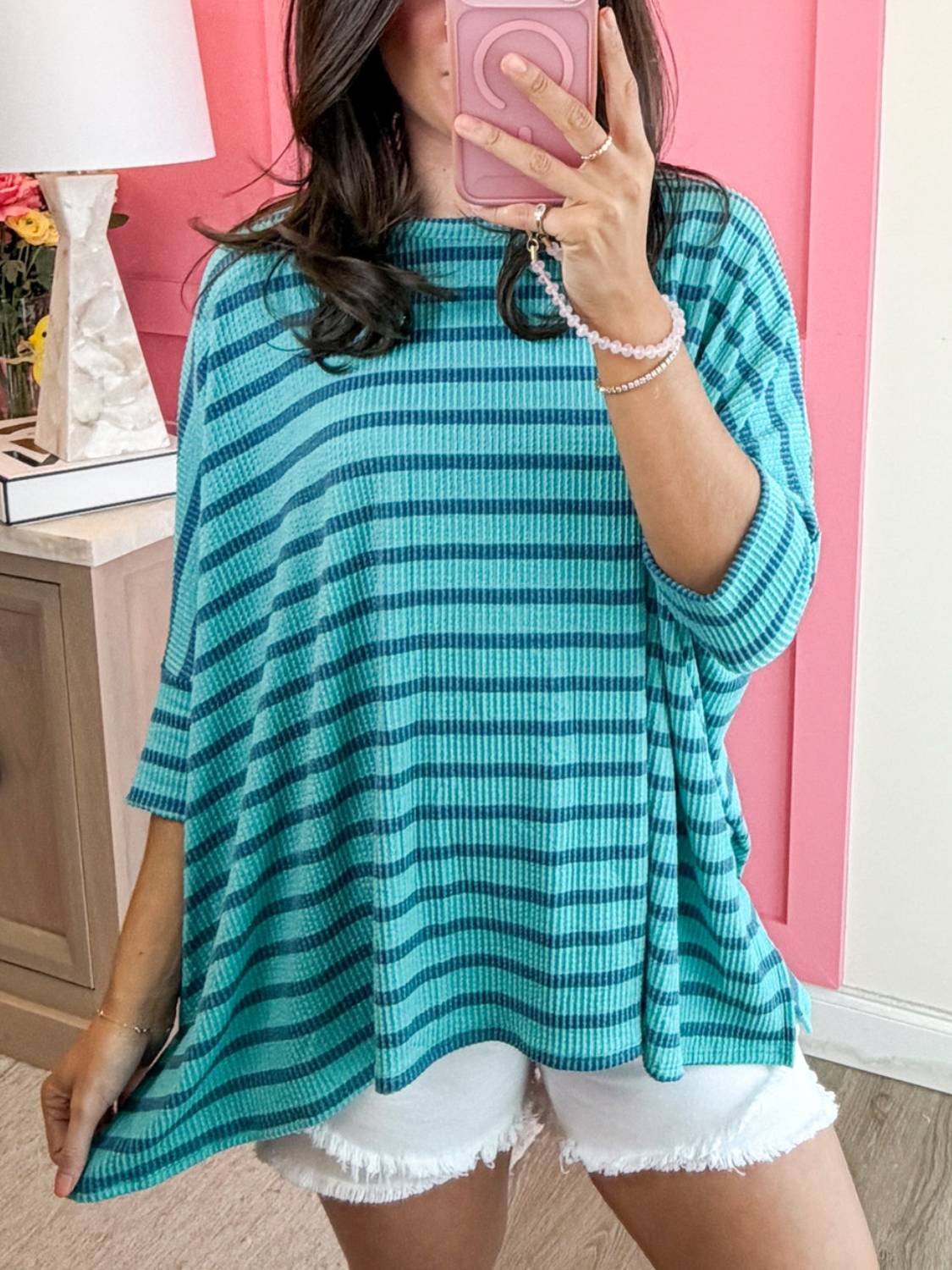Spring Oversized Striped Raised Rib Easy Fit 3/4 Sleeve Top