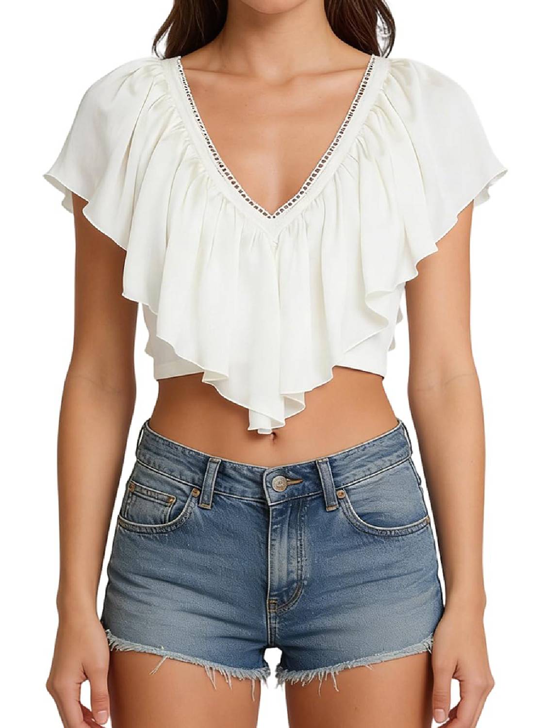 Women Ruffled V Neck Crop Top Frill Trim Tie Back