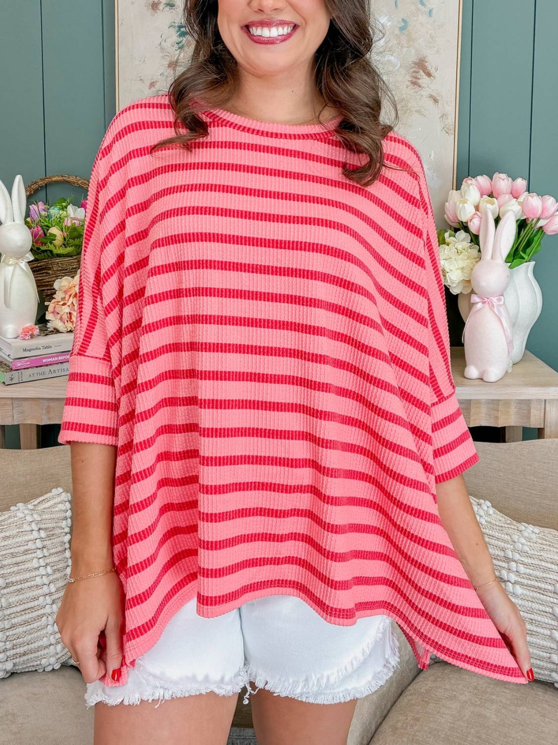 Spring Oversized Striped Raised Rib Easy Fit 3/4 Sleeve Top