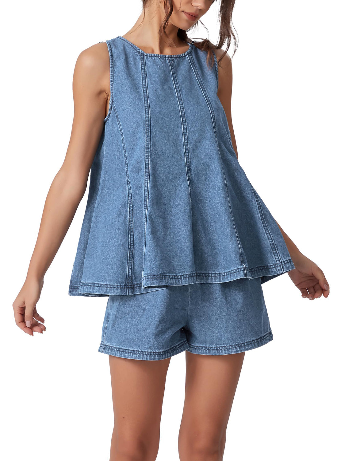 Women Sleeveless Crewneck Flared Denim Set
