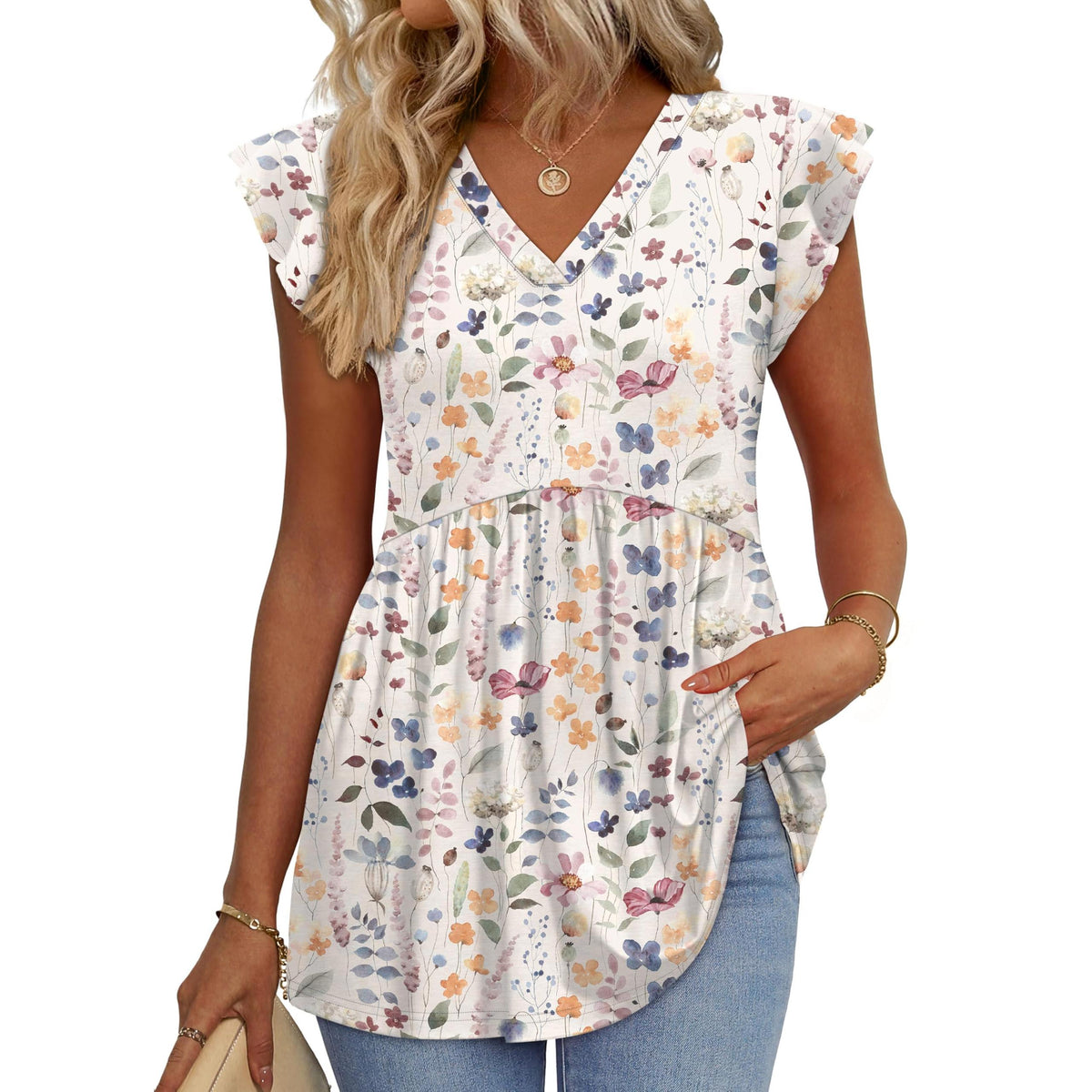 Women's Floral V-Neck Ruffle Sleeve Babydoll Blouse