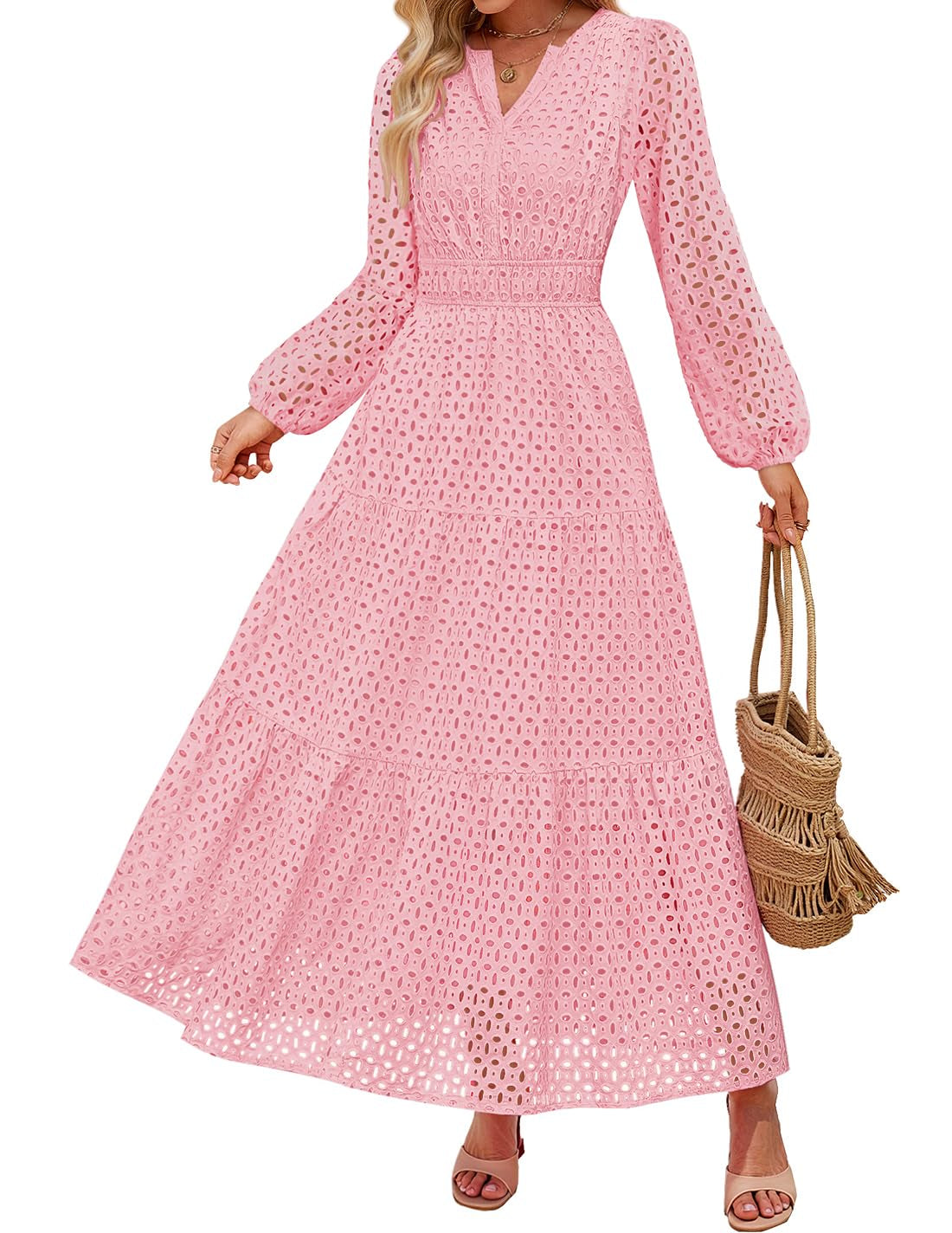 Women's 2026 V Neck Hollow Out Eyelet A Line Long Flowy Dresses