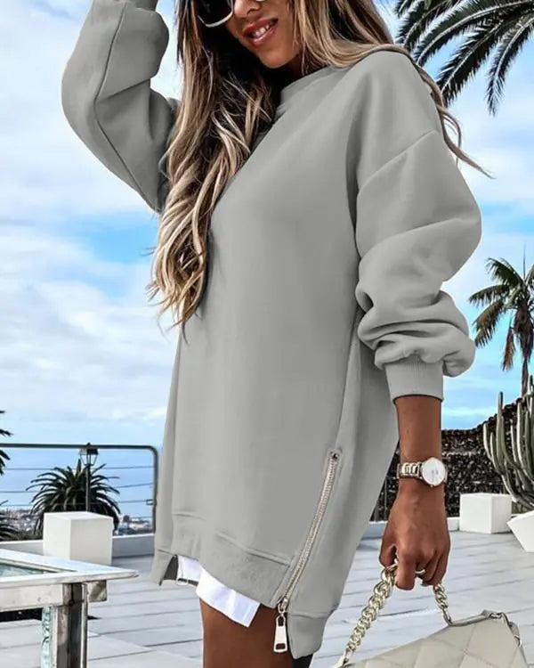 Limited time sale🔥Women’s Long Sleeve Pullover Sweatshirt Zipper Slit Casual Dress