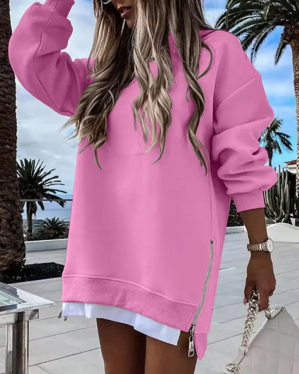Limited time sale🔥Women’s Long Sleeve Pullover Sweatshirt Zipper Slit Casual Dress