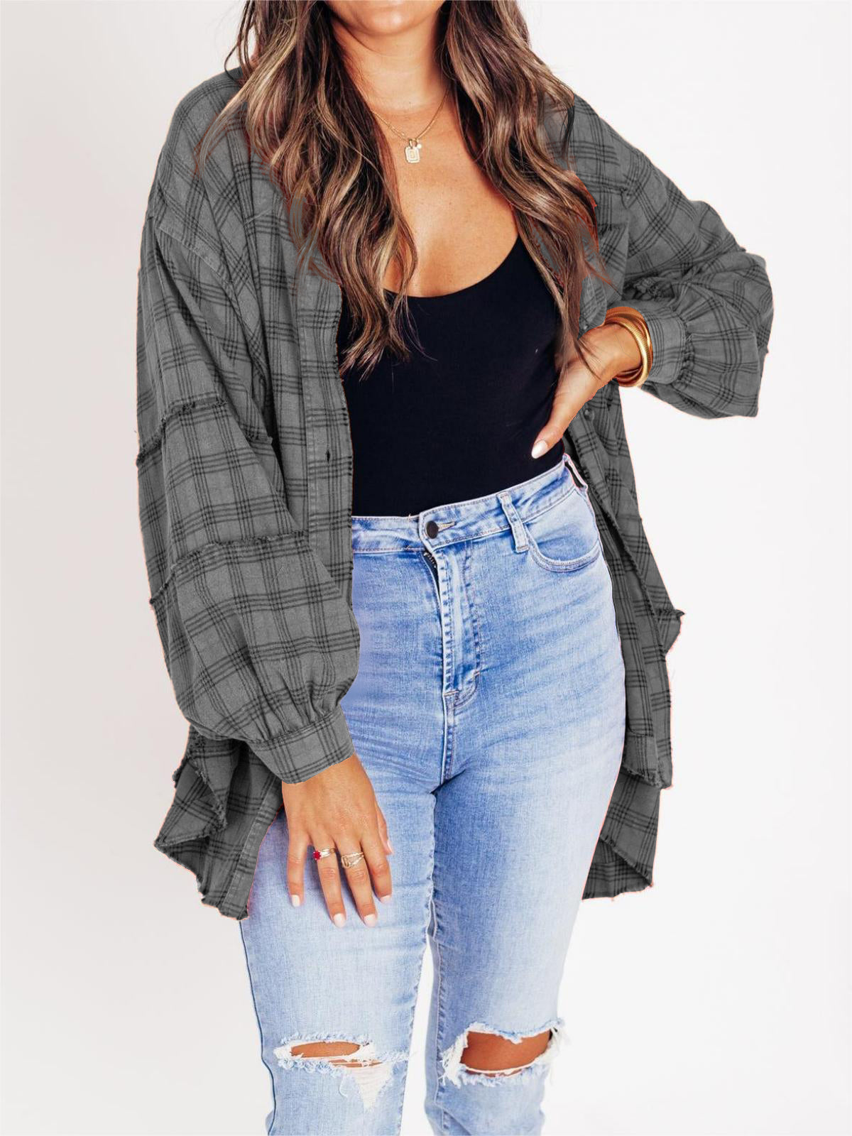 Limited time sale🔥Women's Seams Raw Edge Washed Oversized Shirt Jacket