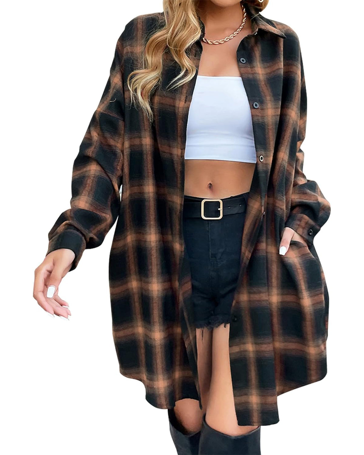 Women's Button Down Flannel Shirts Plaid Shacket Collared Long Jacket Coats