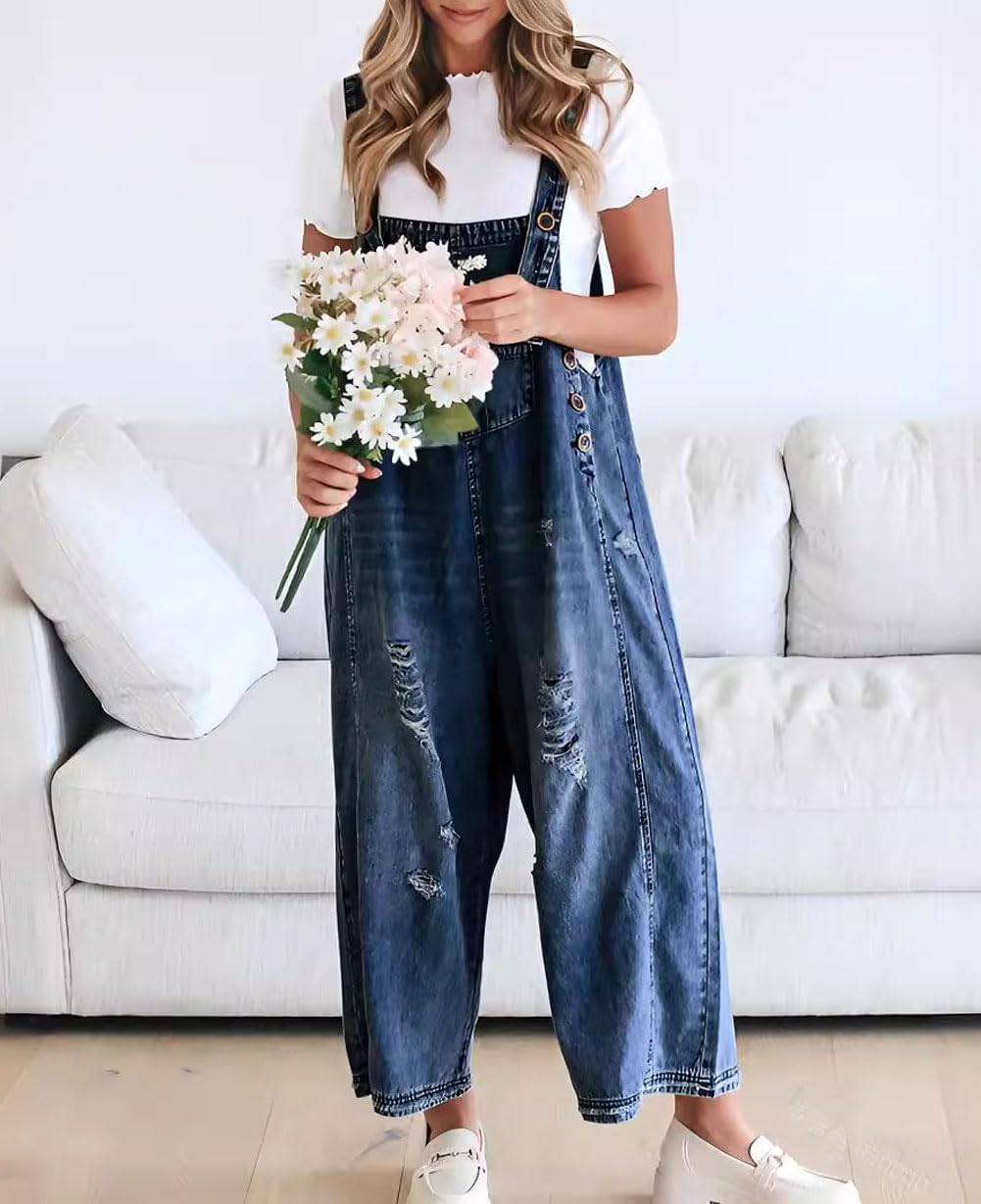 Limited time sale🔥Women's Cute Casual Button Jumpsuit Ripped Denim Overalls
