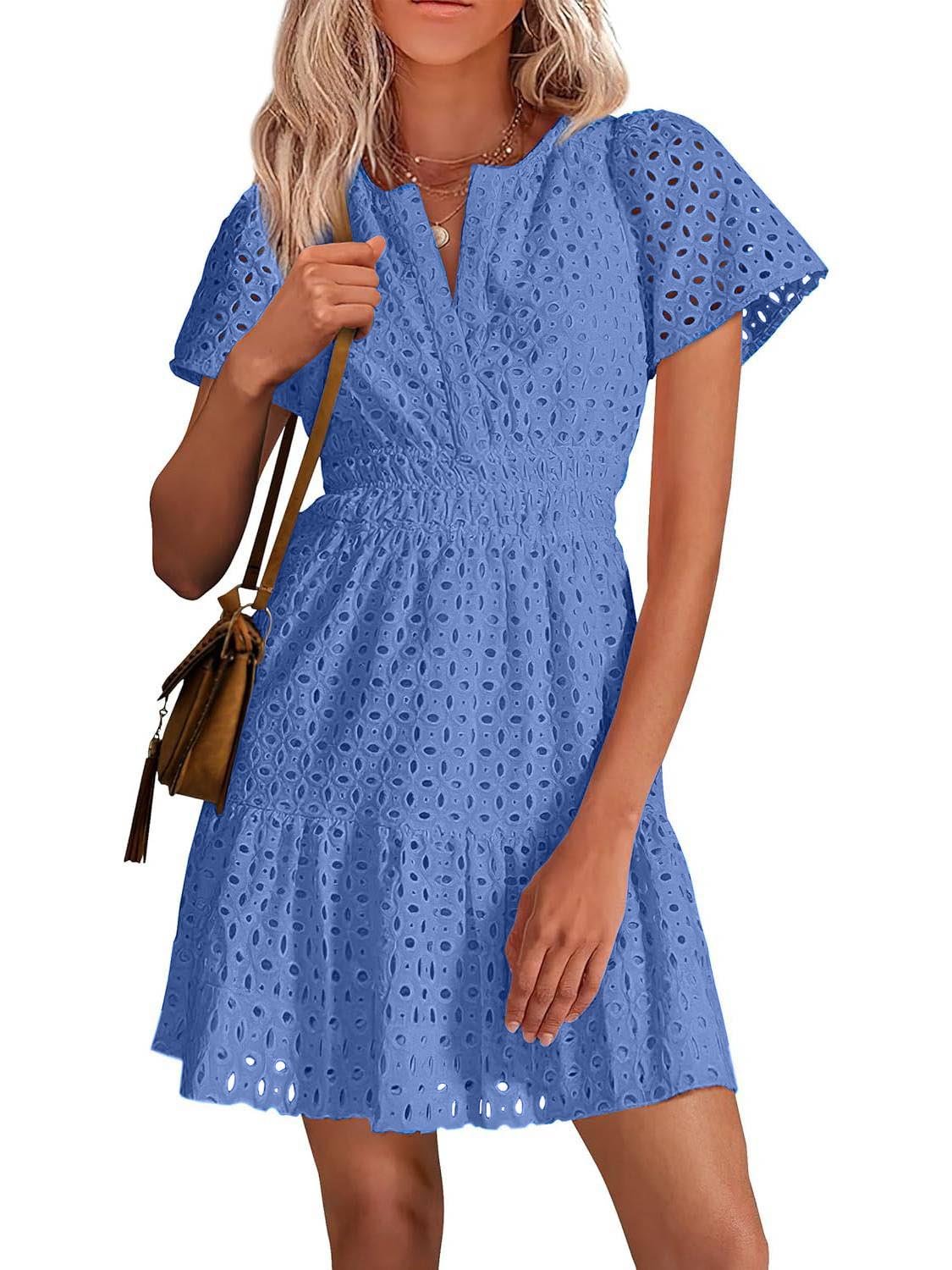Limited time sale🔥Women's V Neck Short Sleeve A Line Hollow Out Lace Dress