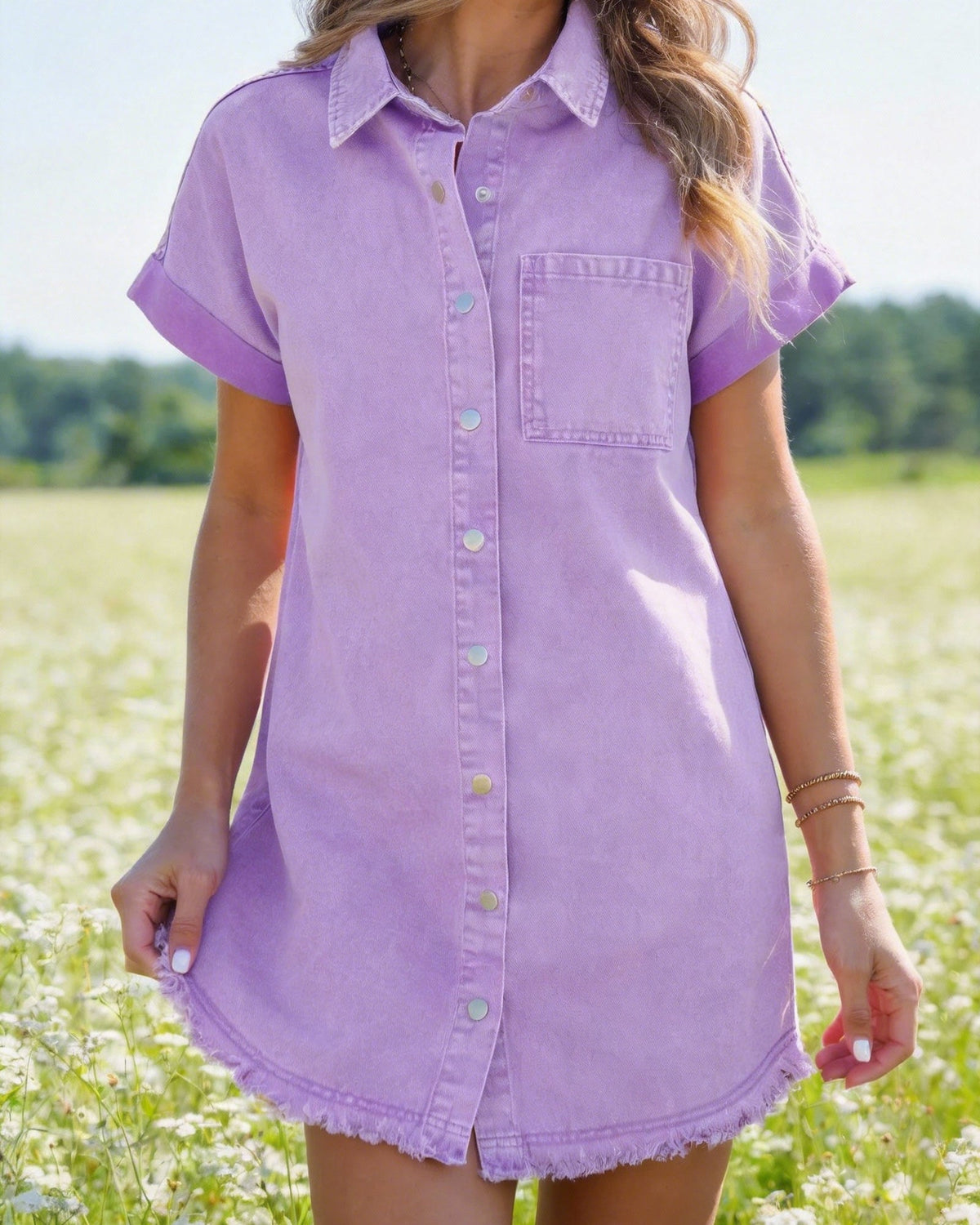 Limited time sale🔥Women's Button Down Frayed Hem Denim Shirt Dresses