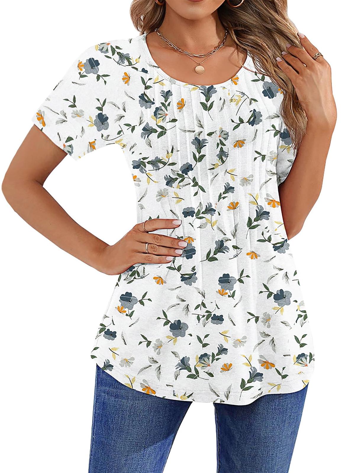 Limited time sale🔥Women Summer Pleated Short Sleeve Tunic Blouses Tops