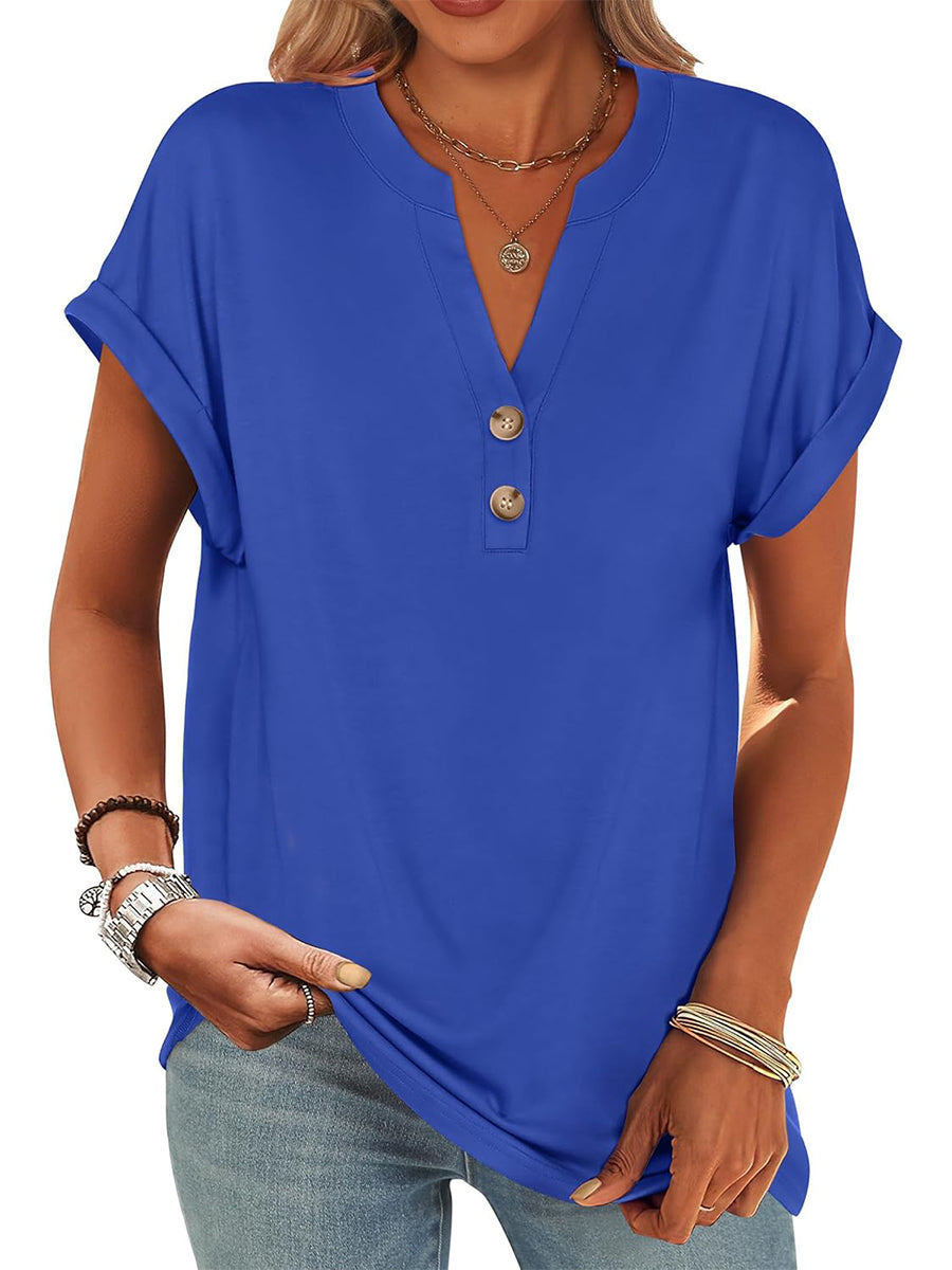 Limited time sale🔥Women's V Neck Button Casual Loose Fit Short Sleeve Henley Tops