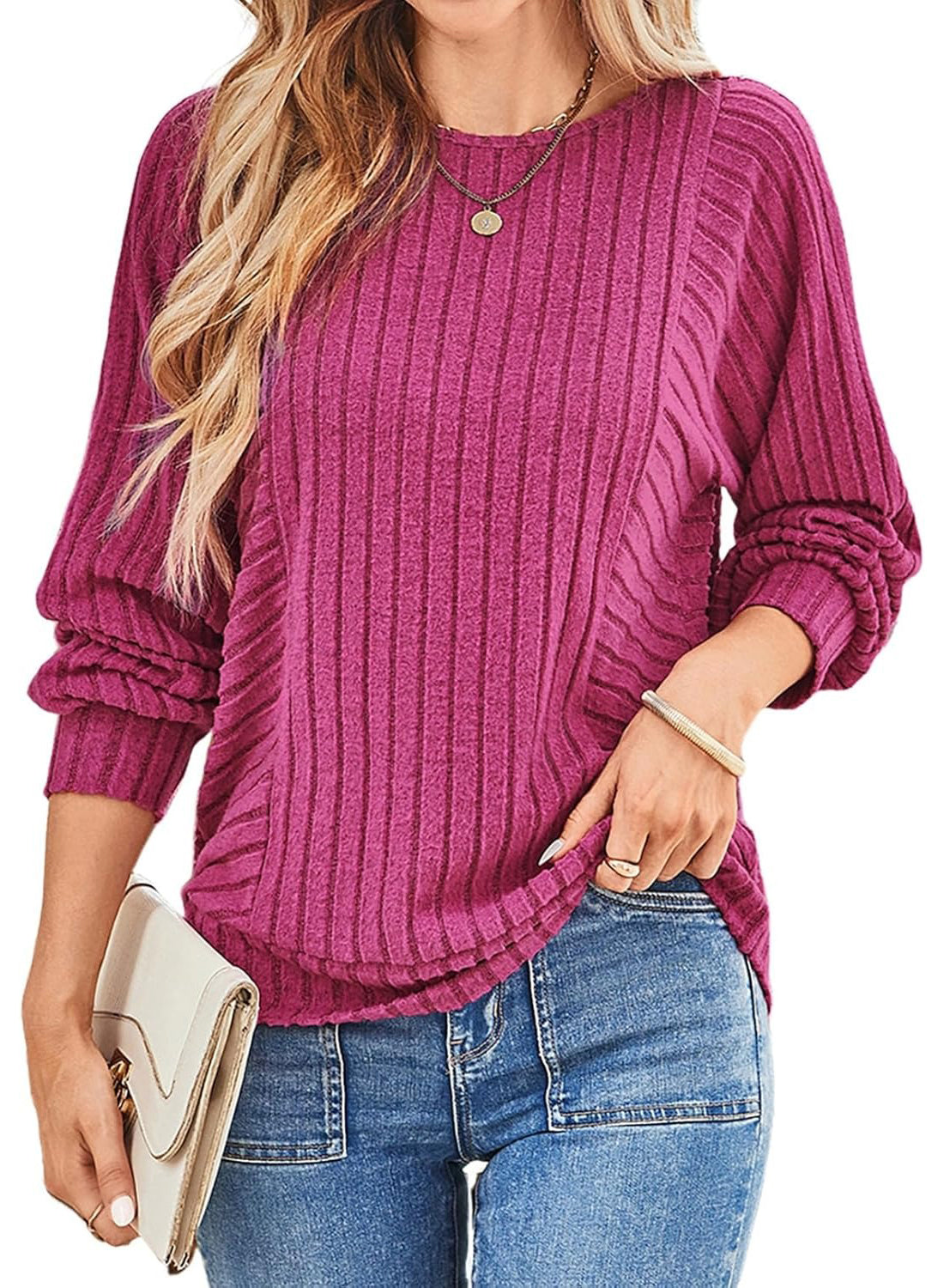 Limited time sale🔥Women's Soft Ribbed Crewneck Long Sleeve Shirts Knit Tops