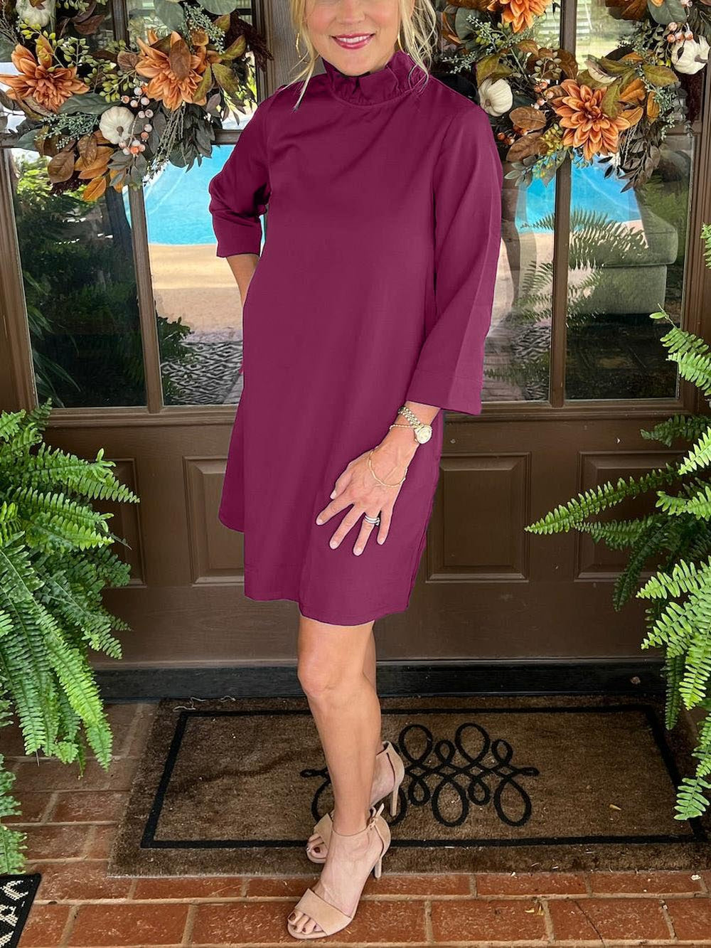✨Tied back Bow Round Ruffled Neckline Dress with Pockets