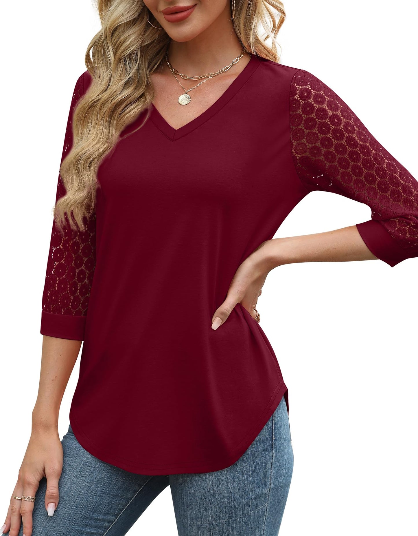 Womens 3/4 Length Sleeve V-Neck Lace Tunic Tops Business Casual Blouses